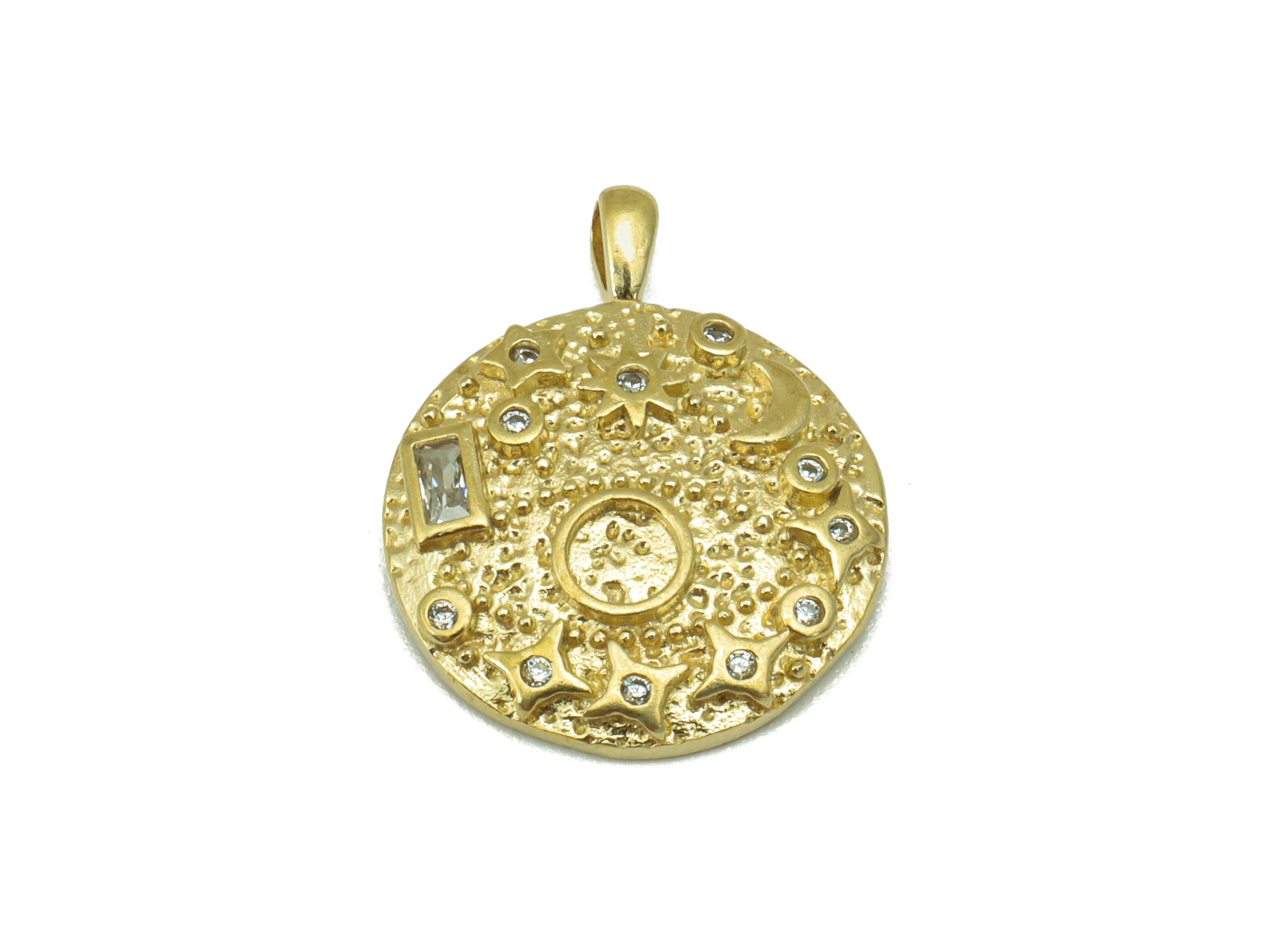 Brass Round Earring Charms – Raw Brass  -Zircon Moon and Star Pendant  -  Jewelry Supplies - - DOMEDBAZAAR