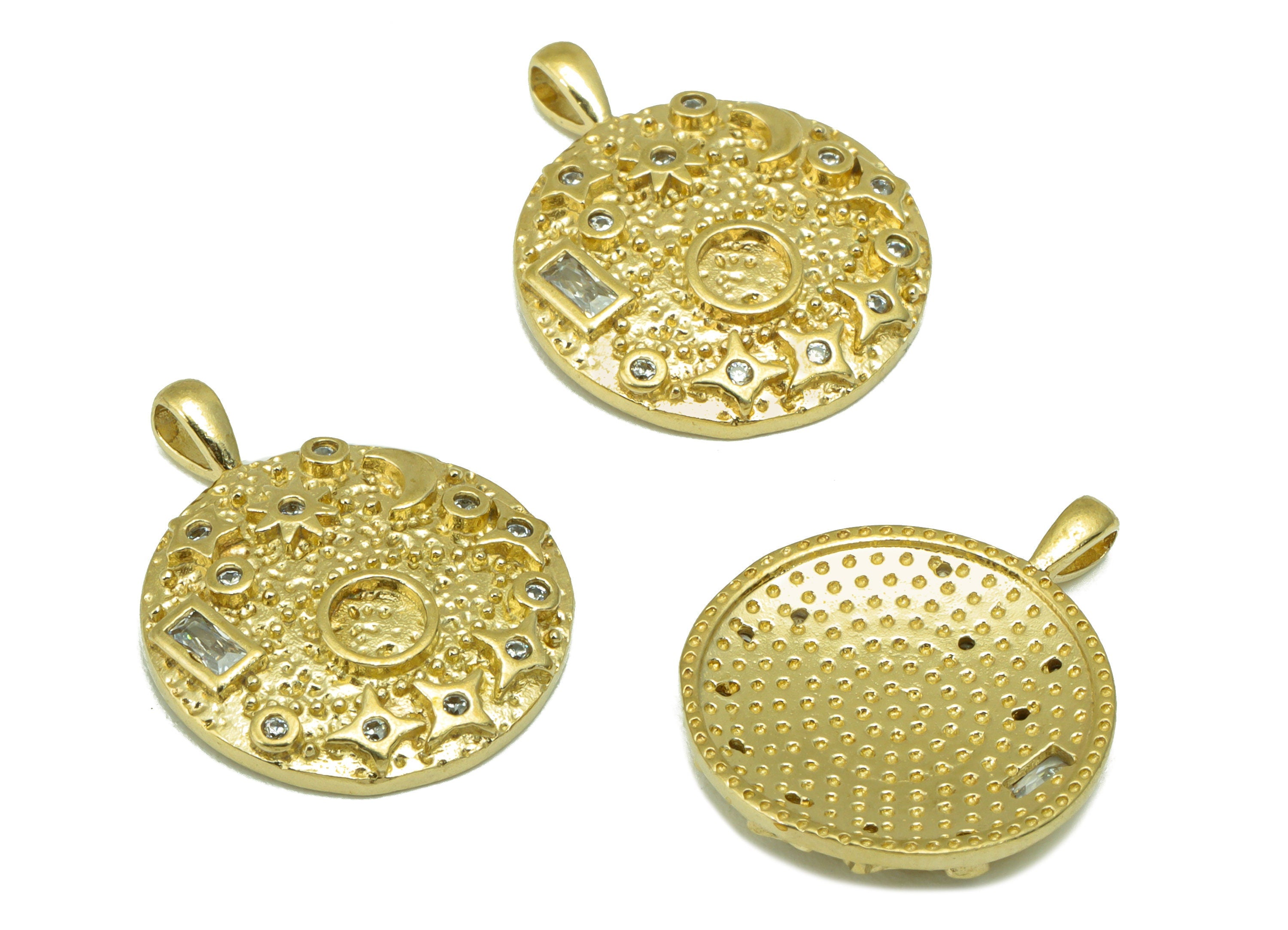 Brass Round Earring Charms – Raw Brass  -Zircon Moon and Star Pendant  -  Jewelry Supplies - - DOMEDBAZAAR
