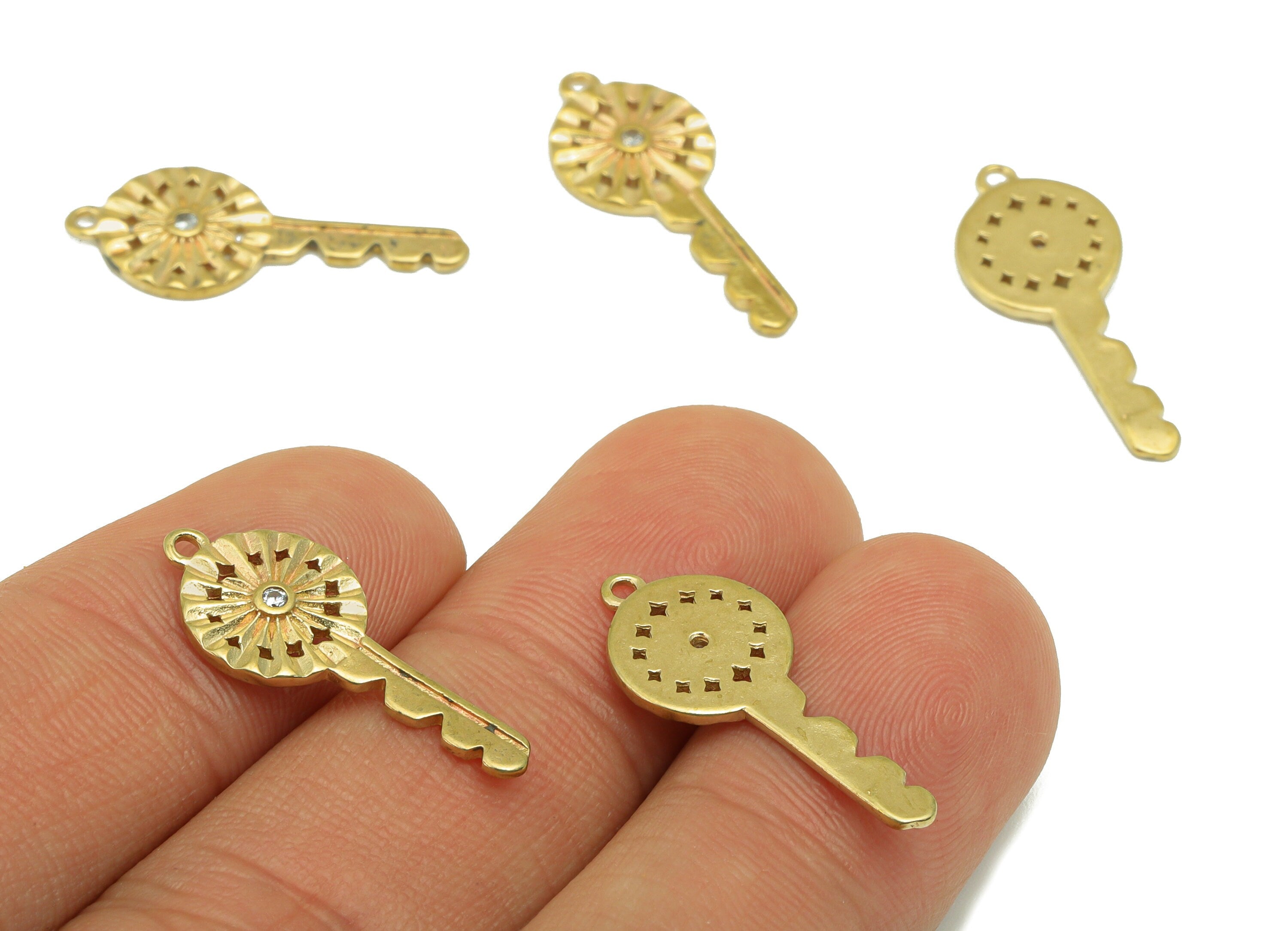 Brass Key Earring Charms- Raw Brass -Zircons Key Earrings Pendant  - Jewelry Supplies - 23x 9.9 x 1.6mm - PP8459 - DOMEDBAZAAR
