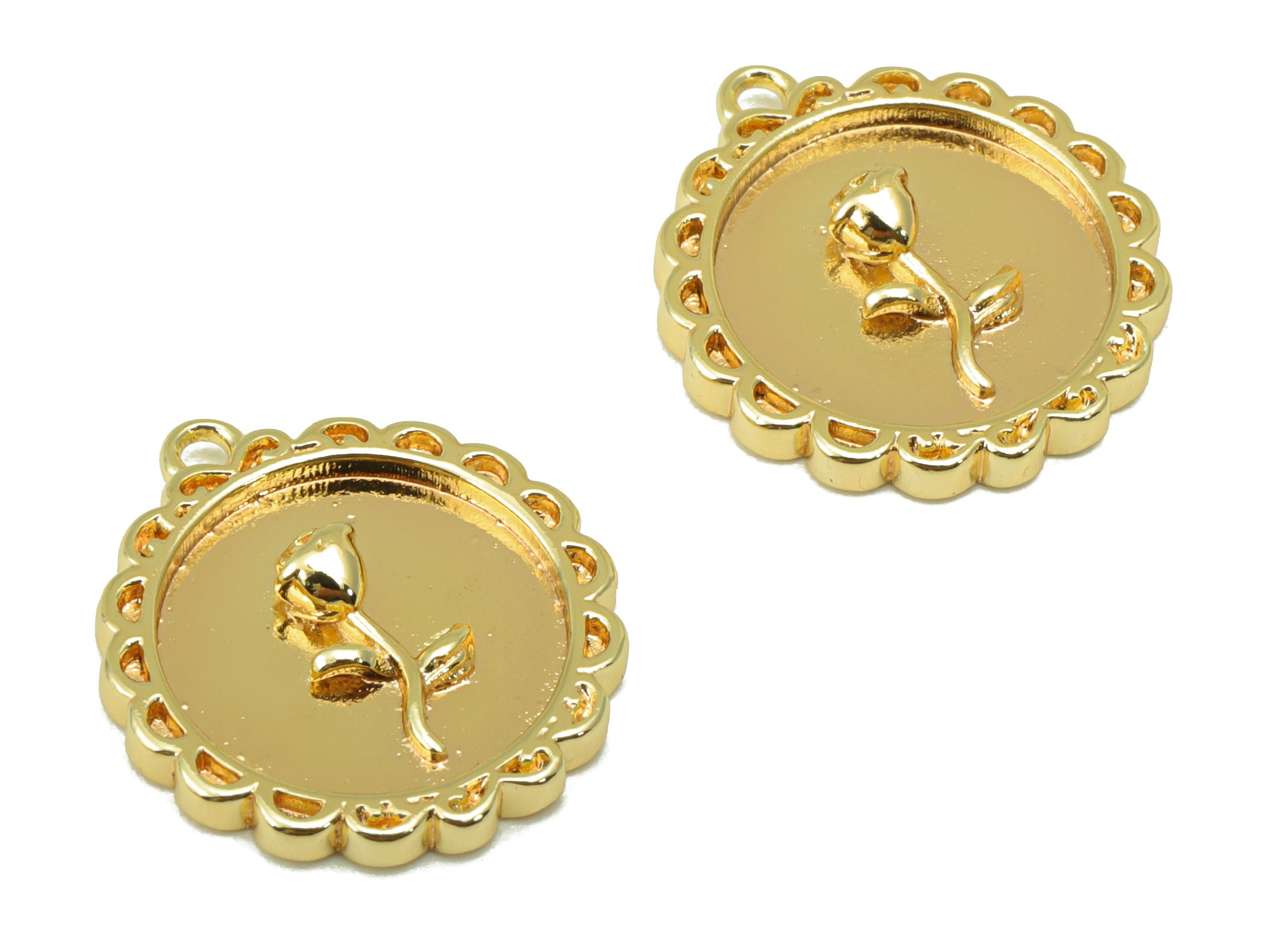 Brass Rose Earring Charm - Brass Lace Round Pendant - Flower Circle Earrings - 18k Gold Plated Brass-Jewelry Making-17.5x15.9x1.97mm-RGP6214 - DOMEDBAZAAR
