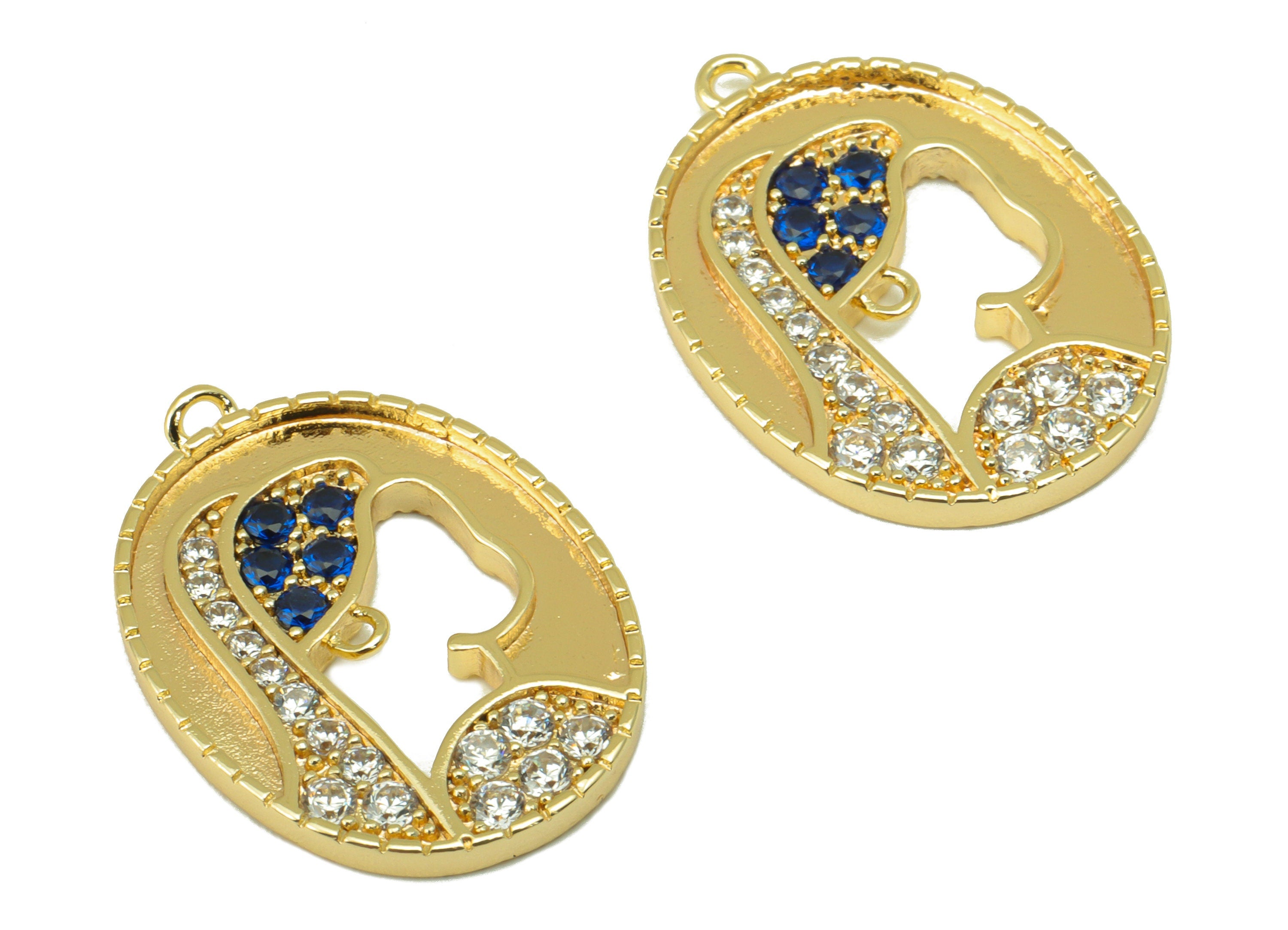 Brass Ellipse Earring Charm - Brass CZ Portrait Pendant - Cubic Zirconia Woman Charm - For Necklace -18k Gold Plated-23x16x1.85mm-RGP6215 - DOMEDBAZAAR