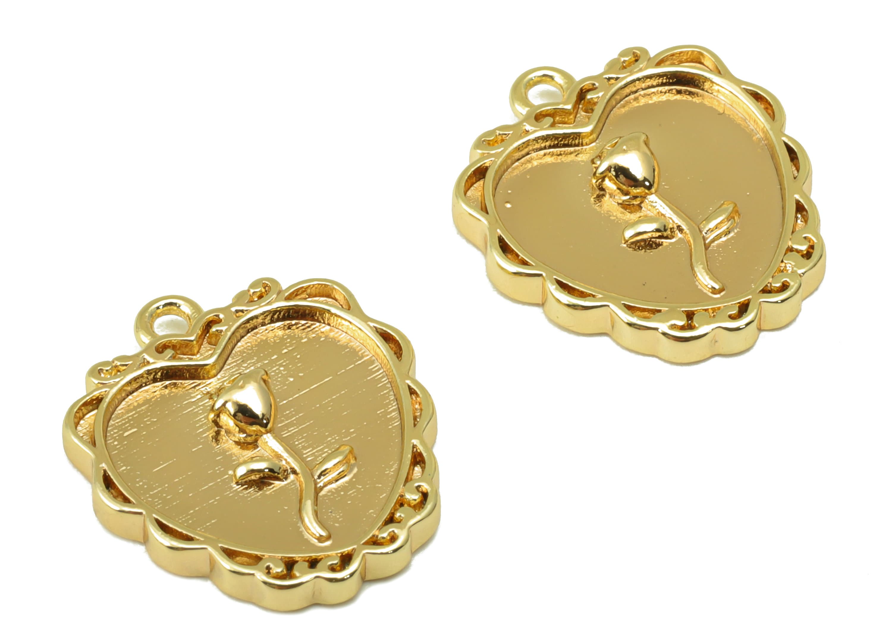 Brass Heart Earring Charm - Brass Rose Pendant - Lace Flower Charm - For Necklace - 18k Gold Plated - 16.72x 14.89x 2.78mm - RGP6222 - DOMEDBAZAAR