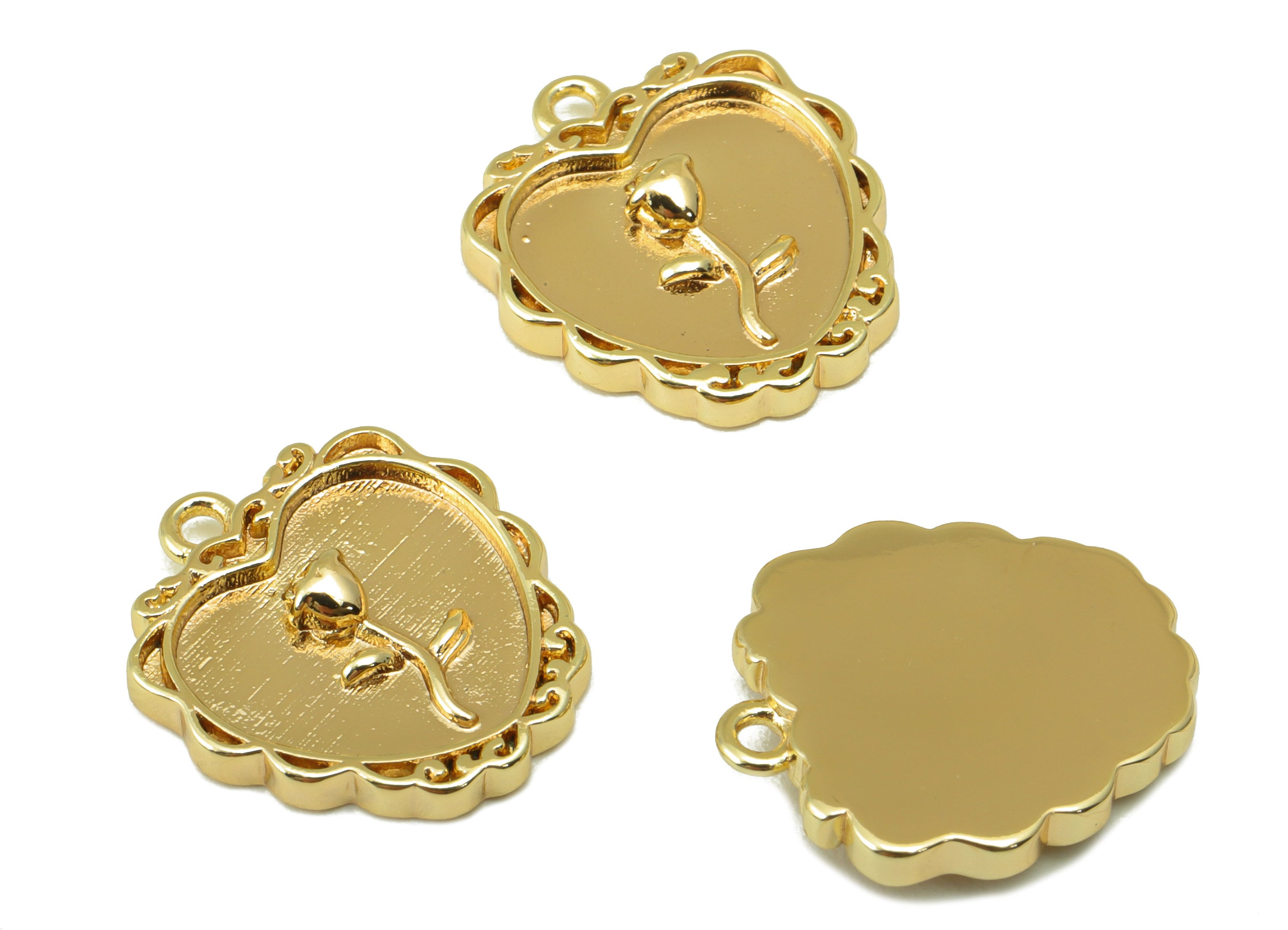 Brass Heart Earring Charm - Brass Rose Pendant - Lace Flower Charm - For Necklace - 18k Gold Plated - 16.72x 14.89x 2.78mm - RGP6222 - DOMEDBAZAAR