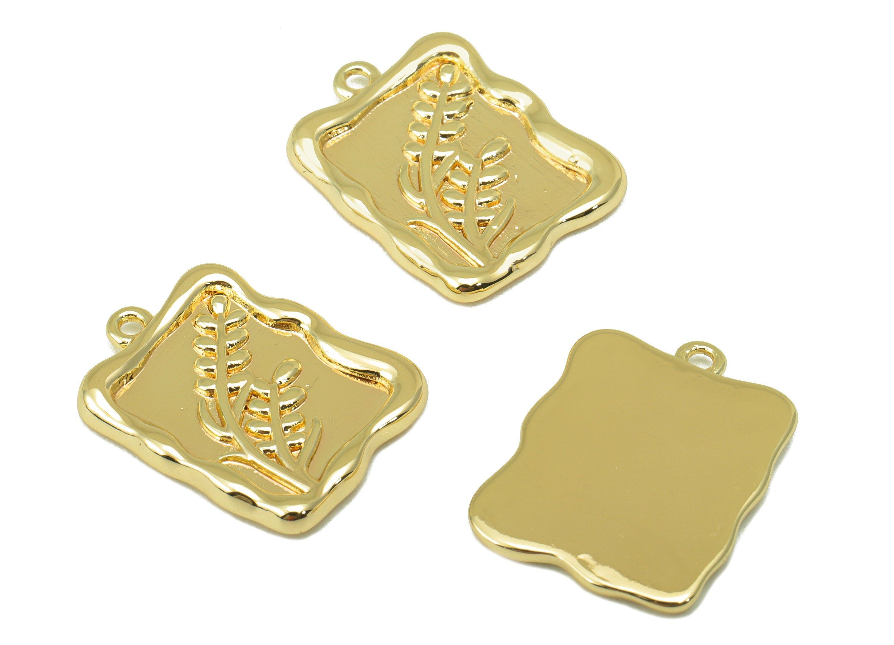 Brass Rectangle Earring Charm - Brass Ear of Wheat Pendant - Botanical Charm - For Necklace - 18k Gold Plated - 17.7x13mm x 1.92mm - RGP6224 - DOMEDBAZAAR