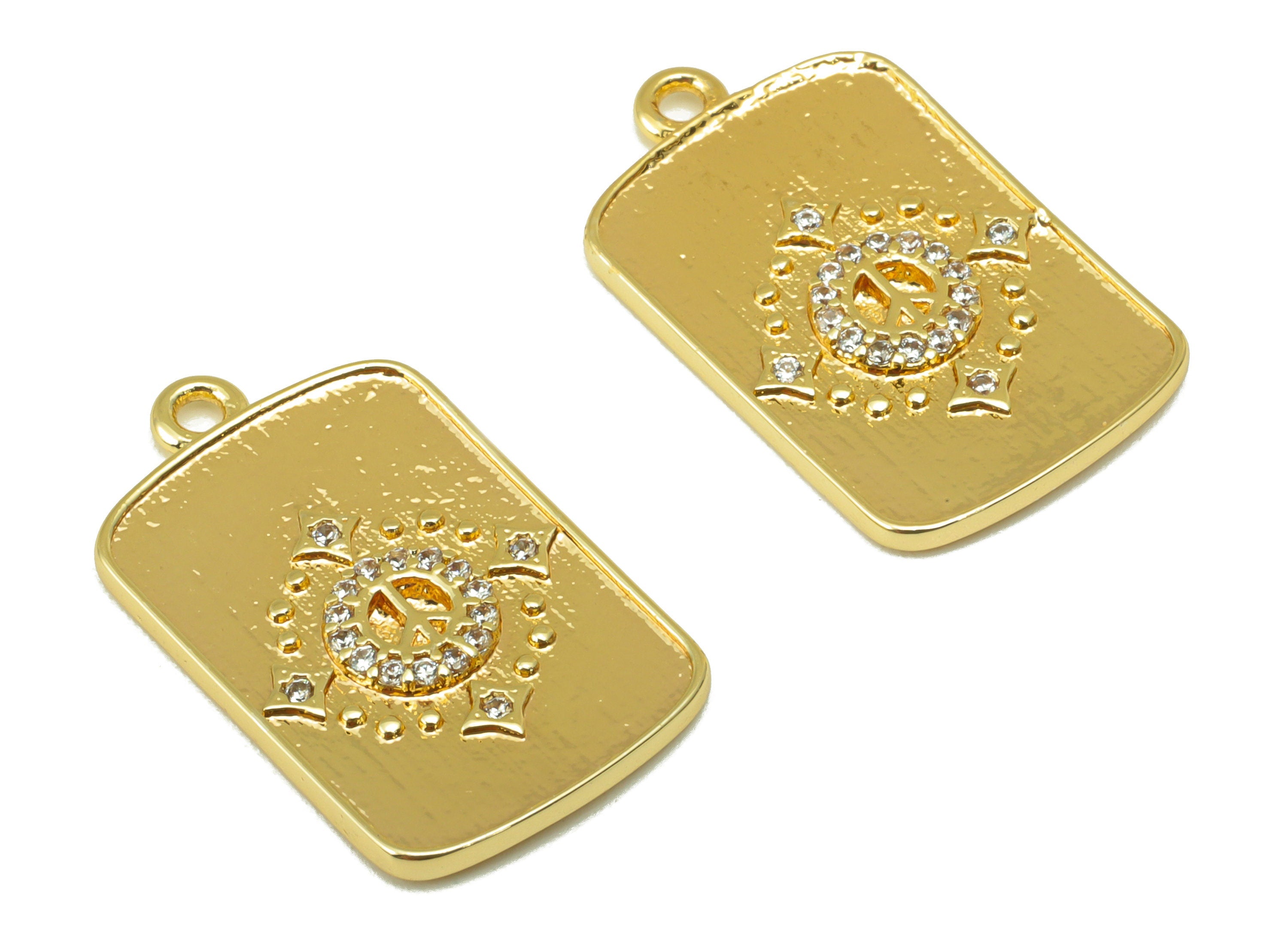 Brass Rectangle Earring Charm - Brass CZ Textured Star Pendant - Cubic Zirconia Charm - For Necklace - 18k Gold Plated - 23x14x2mm- RGP6226 - DOMEDBAZAAR