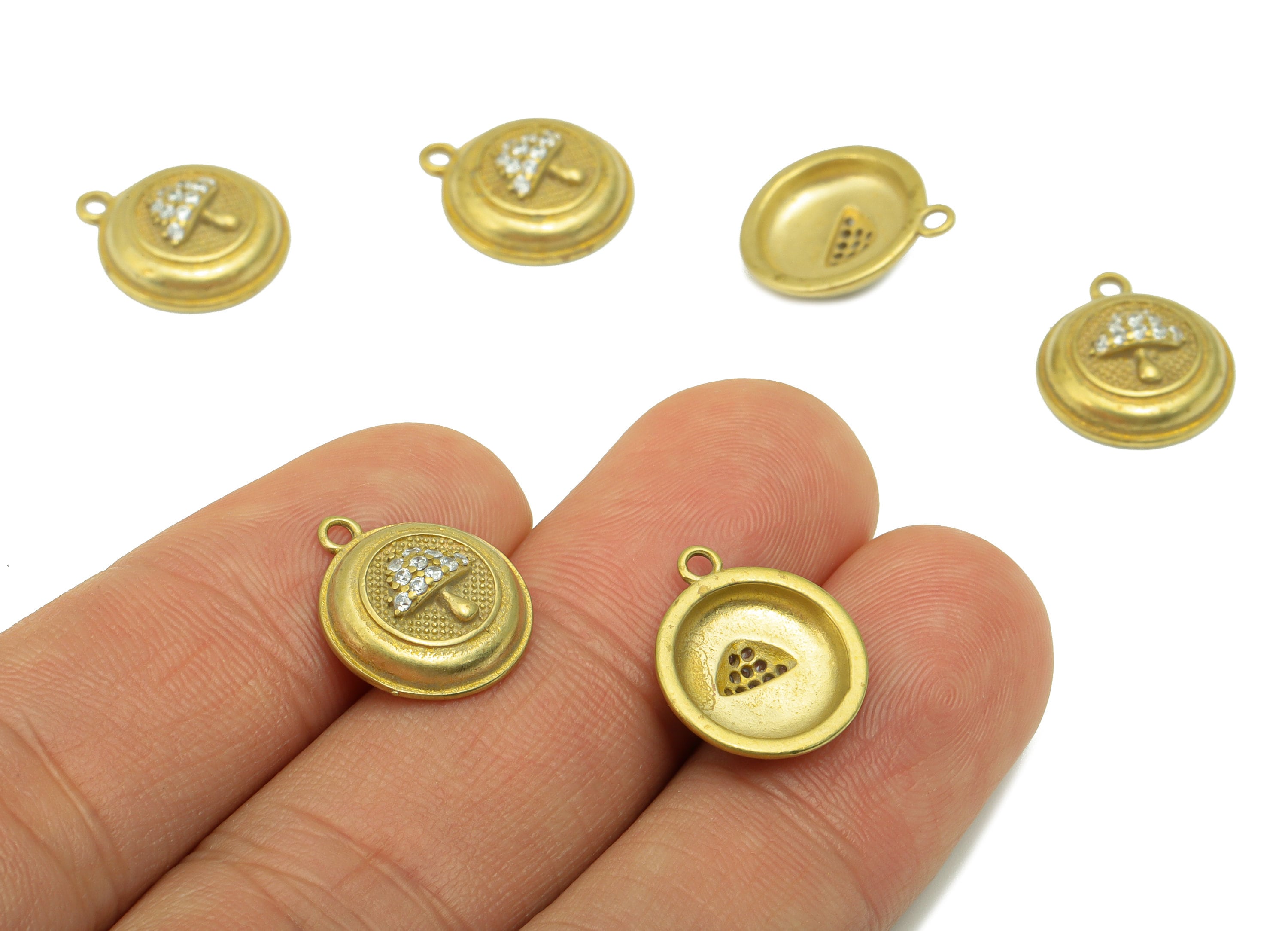 Brass Round Earring Charms – Raw Brass  - Mushroom Cubic Zirconr Charms- Earring Pendant  -  Jewelry Supplies -15 x 13 x 2.25mm -PP8496 - DOMEDBAZAAR