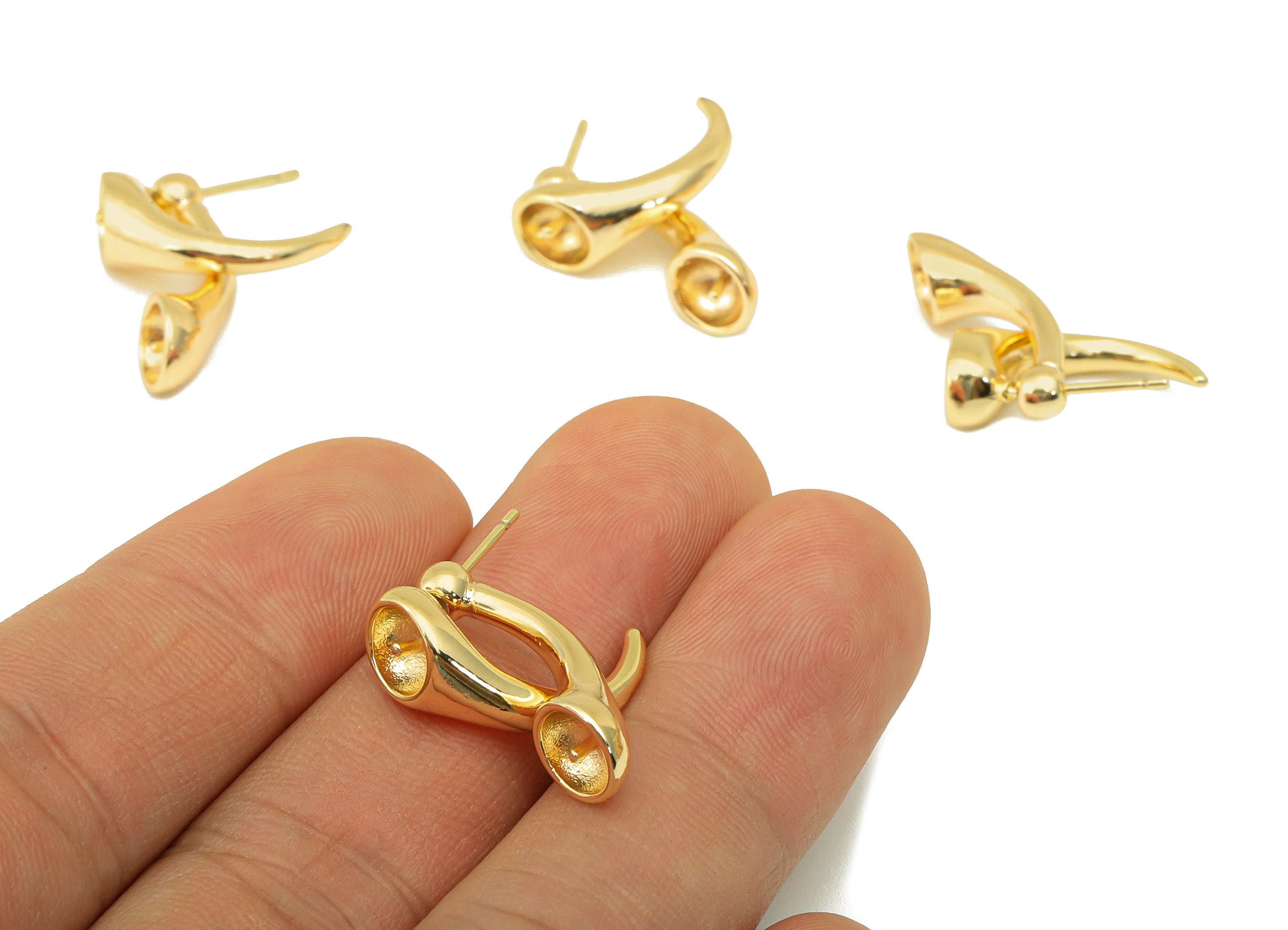 Brass Ox Horn Earring Stud - Horn Earring Posts - Horn Earring Stud For Pearl - Stainless Steel - 18K Real Gold Plated - 22x19x7mm- RGP6468 - DOMEDBAZAAR