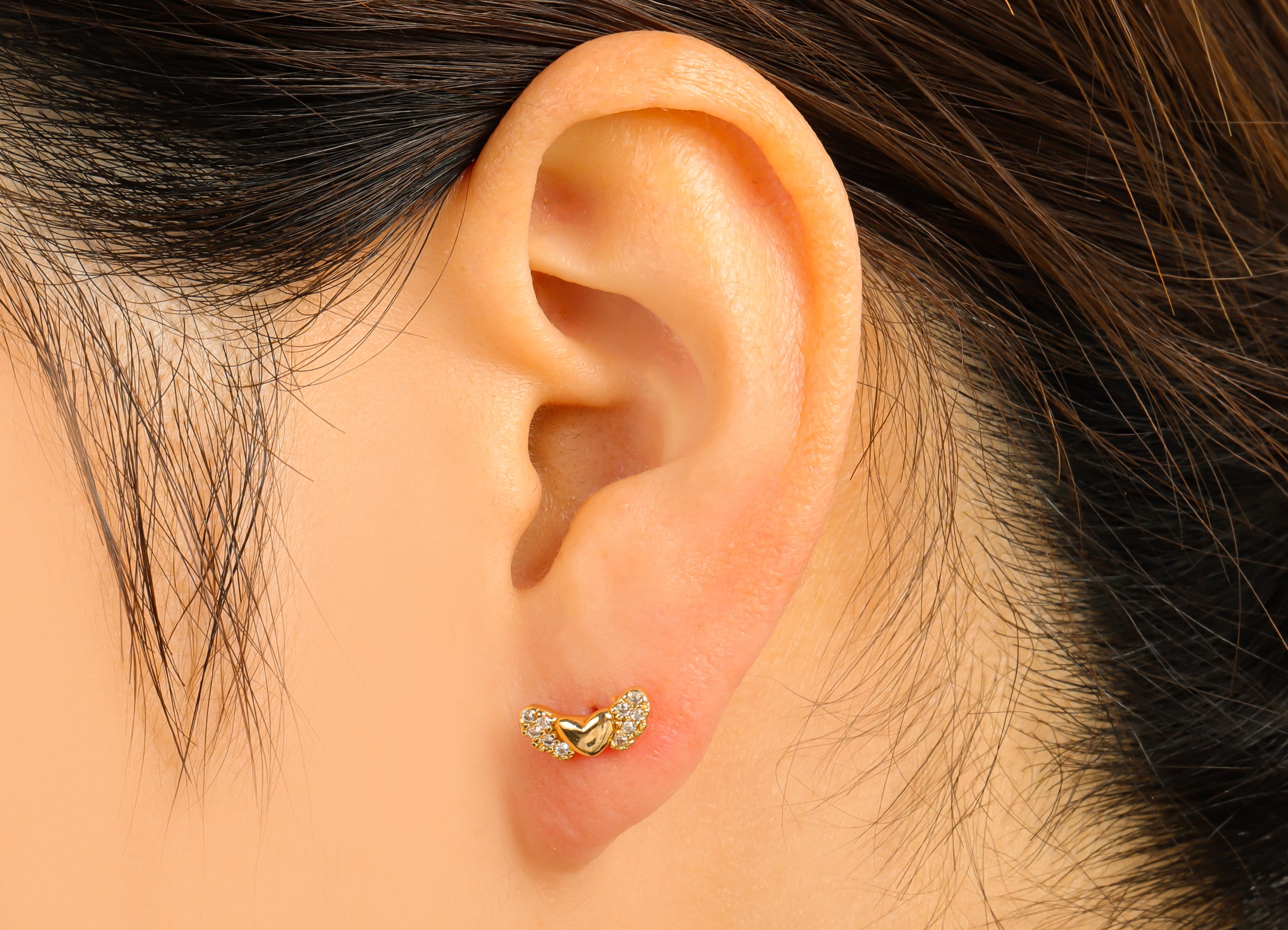 Brass Heart Earring Stud - Cubic Zirconia Earring Post - Butterfly Bow Stud - Heart Wings Earring - 18K Real Gold Plated - 11x5x2mm- RGP6403 - DOMEDBAZAAR
