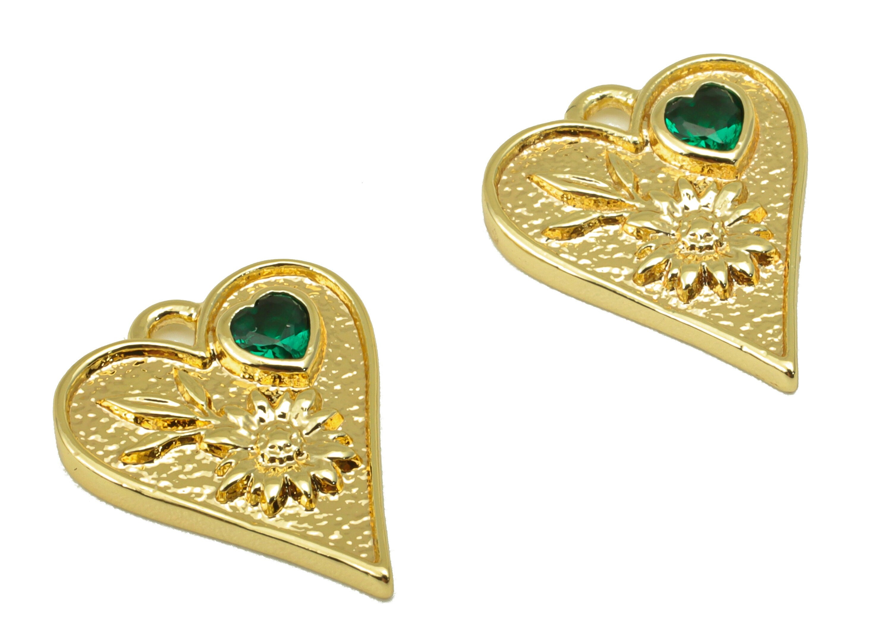 Brass Heart Earrings Charm - Flower Green Heart Pendant - Botanical Earring Charm - For Necklace - 18k Gold Plated - 15x 12x 2.41mm- RGP6236 - DOMEDBAZAAR