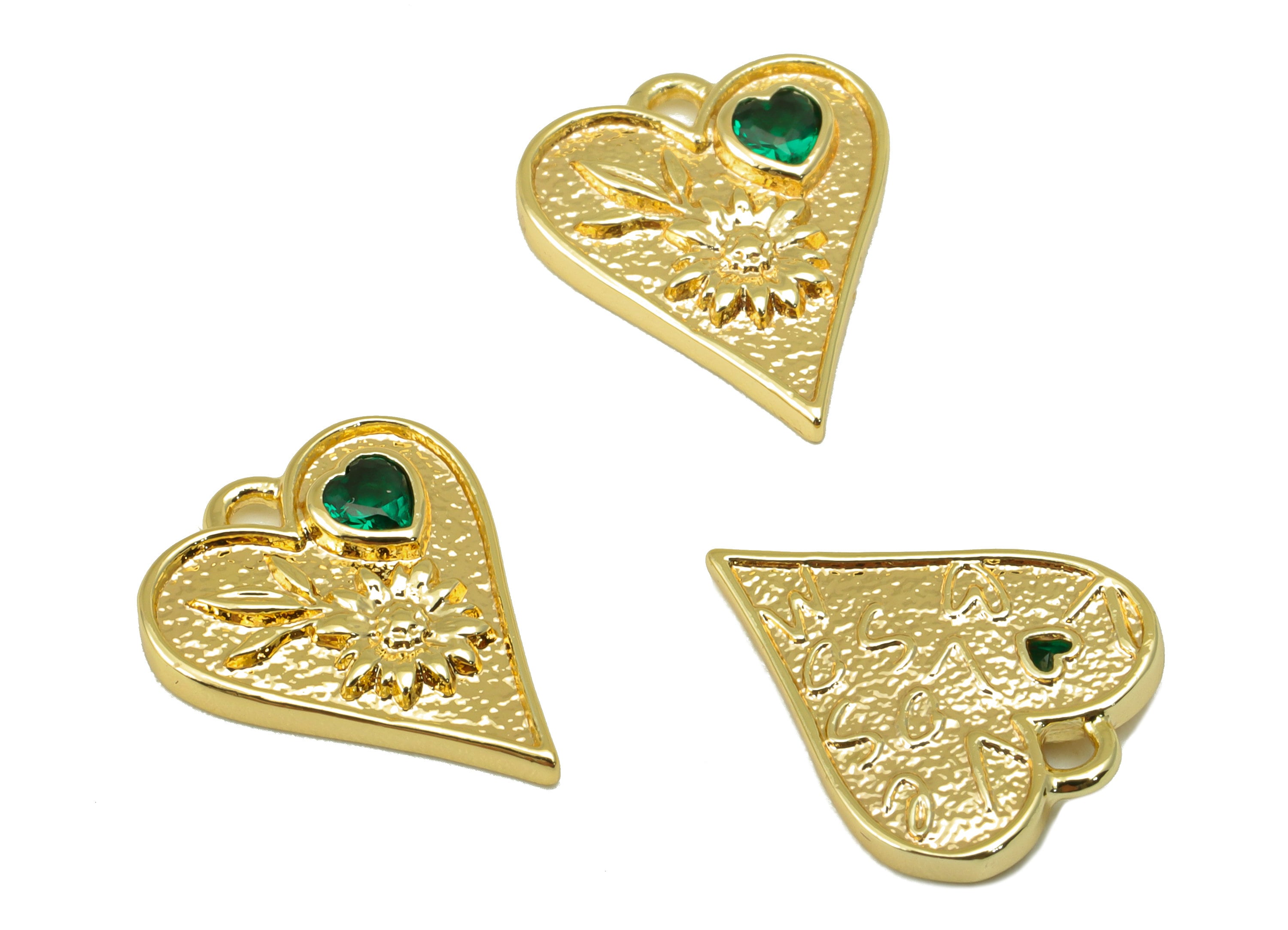 Brass Heart Earrings Charm - Flower Green Heart Pendant - Botanical Earring Charm - For Necklace - 18k Gold Plated - 15x 12x 2.41mm- RGP6236 - DOMEDBAZAAR