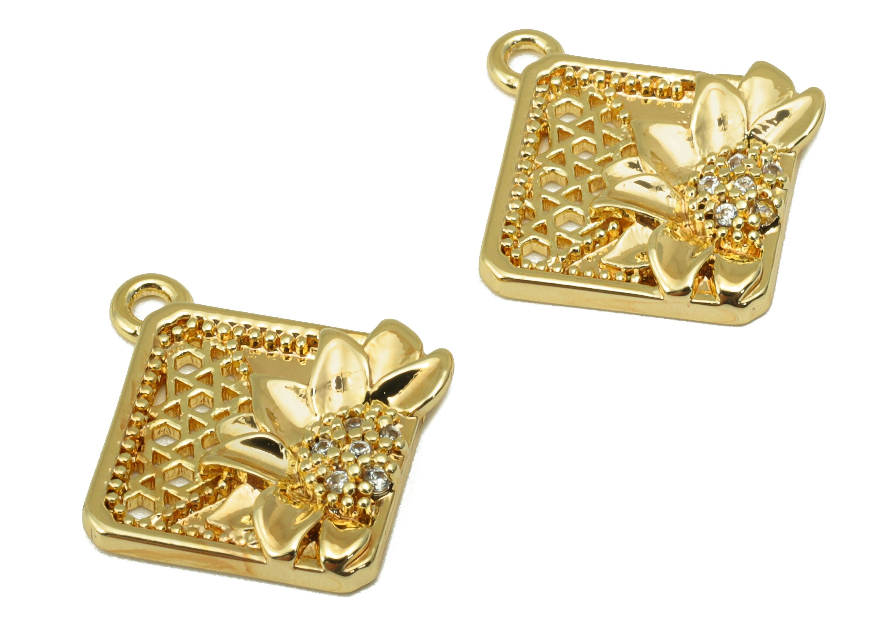 Brass Square Earring Charm - Brass Hollow Flower Charm - Cubic Zirconia Daisy- For Necklace- 18K Real Gold Plated - 17.85x16.29x2mm- RGP6267 - DOMEDBAZAAR