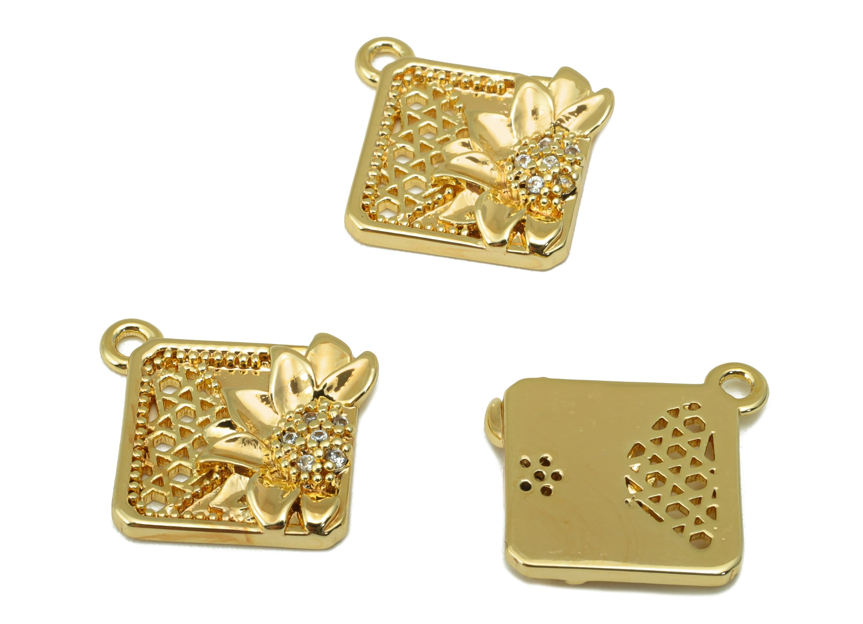 Brass Square Earring Charm - Brass Hollow Flower Charm - Cubic Zirconia Daisy- For Necklace- 18K Real Gold Plated - 17.85x16.29x2mm- RGP6267 - DOMEDBAZAAR