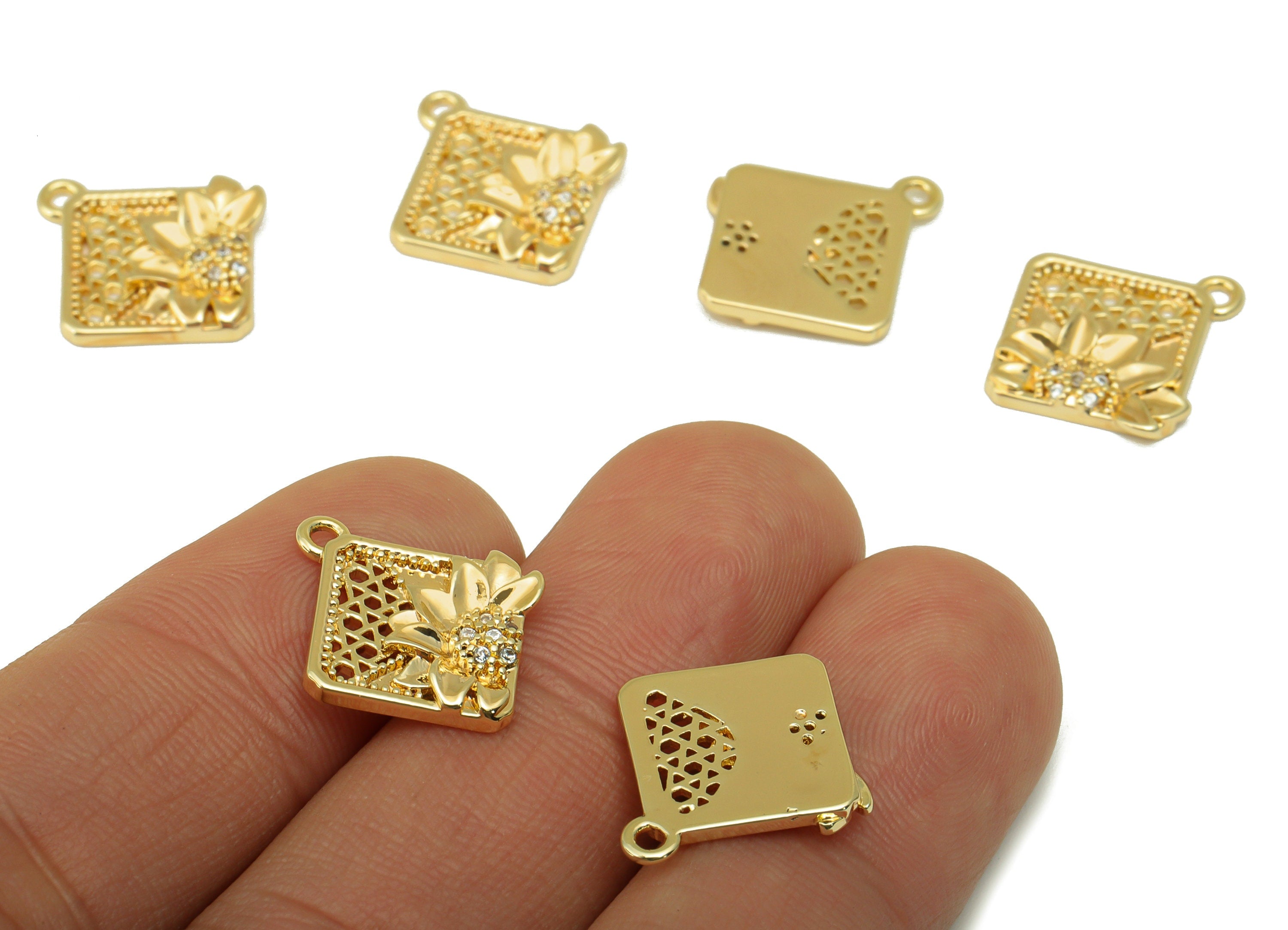 Brass Square Earring Charm - Brass Hollow Flower Charm - Cubic Zirconia Daisy- For Necklace- 18K Real Gold Plated - 17.85x16.29x2mm- RGP6267 - DOMEDBAZAAR