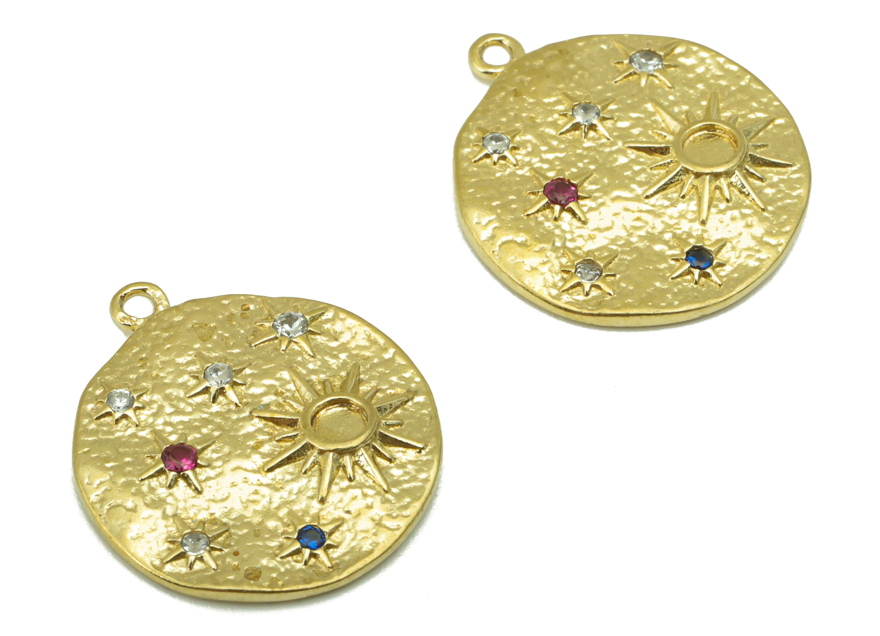 Brass Round Earring Charm - Raw Brass - Hammered  Brass -Sun and Stars Earring Pendant - Jewelry Supplies -17 x 15 x 1.92mm-PP8469 - DOMEDBAZAAR