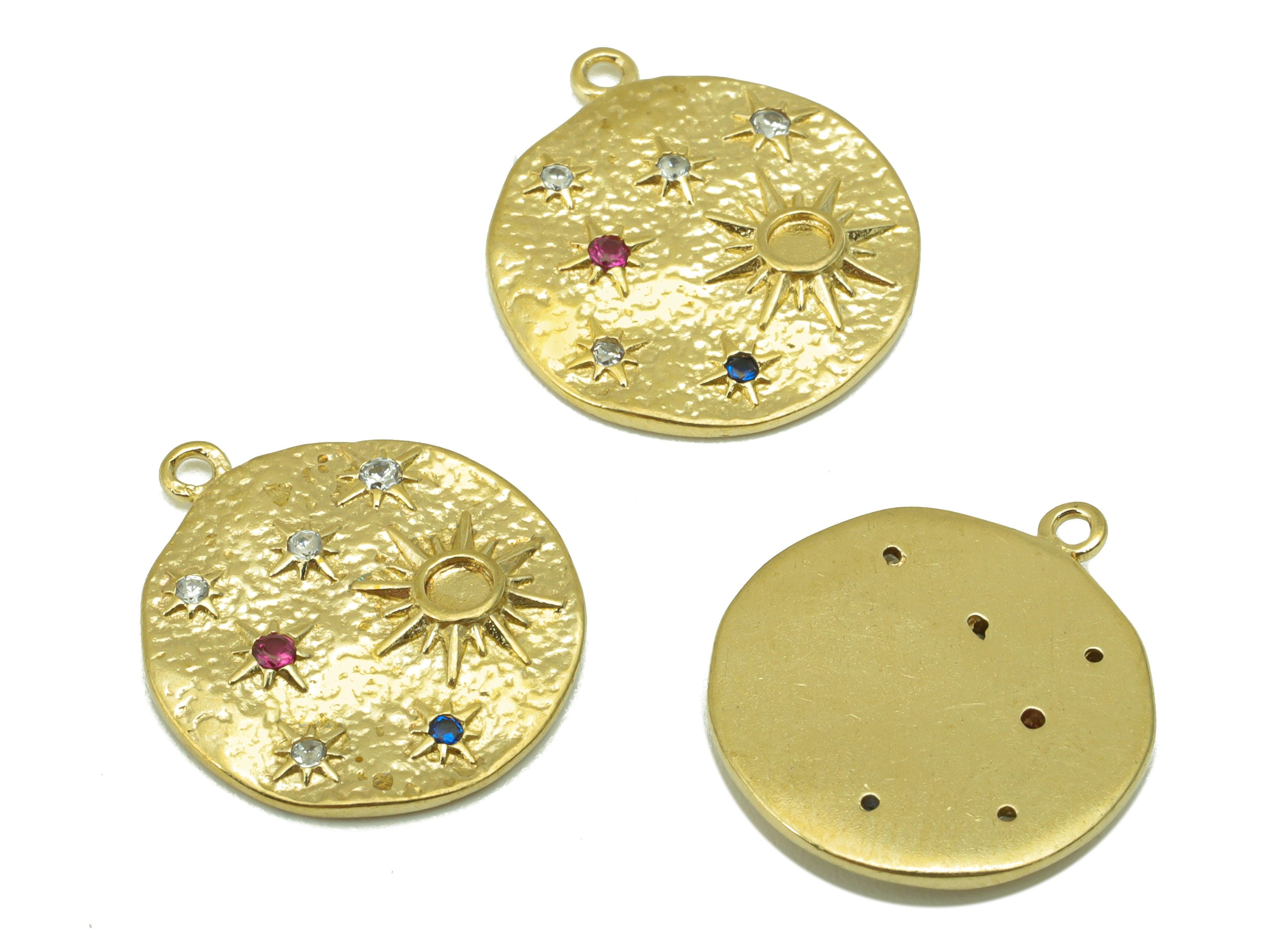 Brass Round Earring Charm - Raw Brass - Hammered  Brass -Sun and Stars Earring Pendant - Jewelry Supplies -17 x 15 x 1.92mm-PP8469 - DOMEDBAZAAR