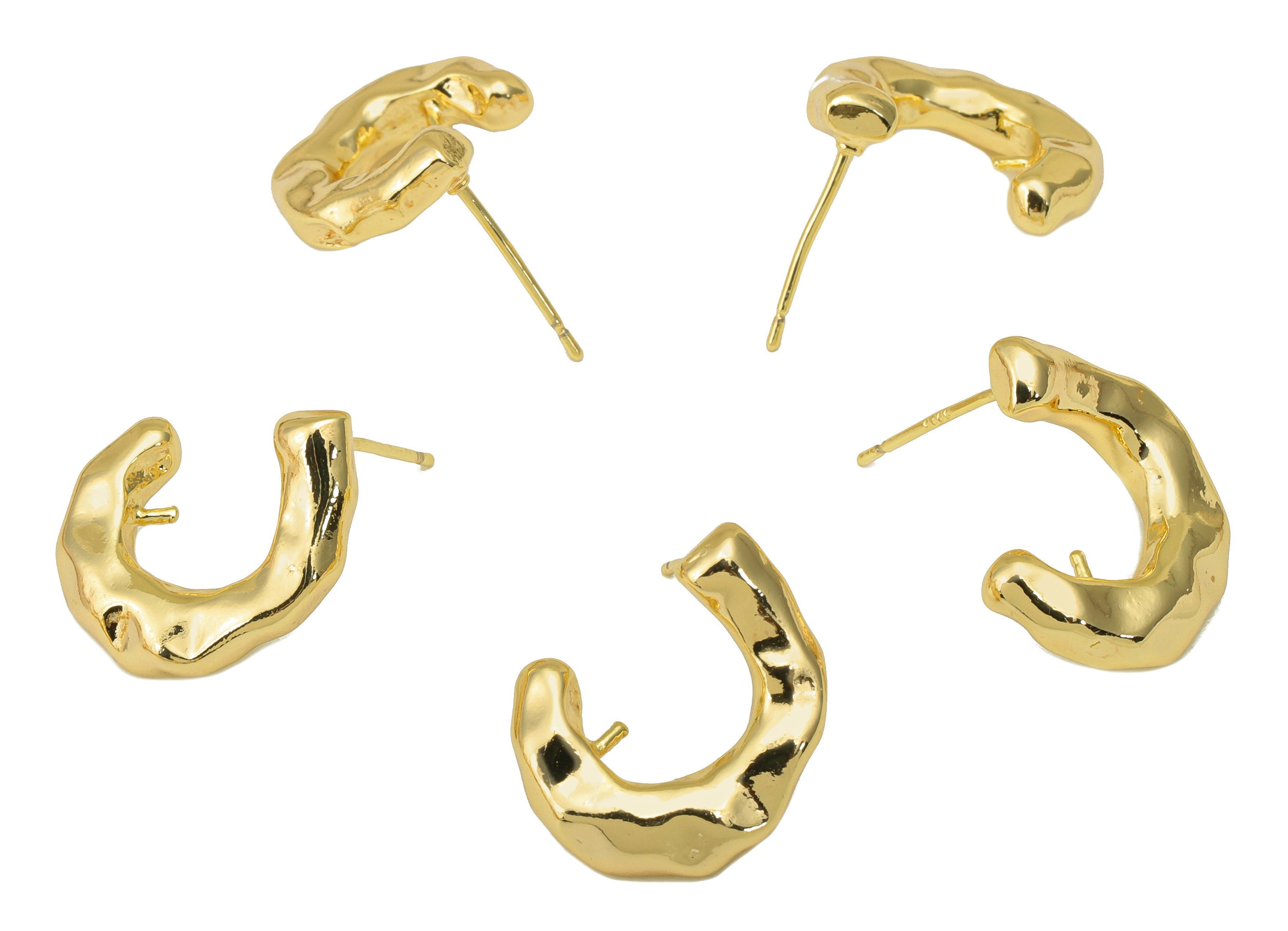 Brass Open Hoop Earring Stud - Textured Thick Earring Post - Hoop C Stud - Hammered Post - 18K Real Gold Plated - 18.29x17x 3.2mm- RGP6409 - DOMEDBAZAAR