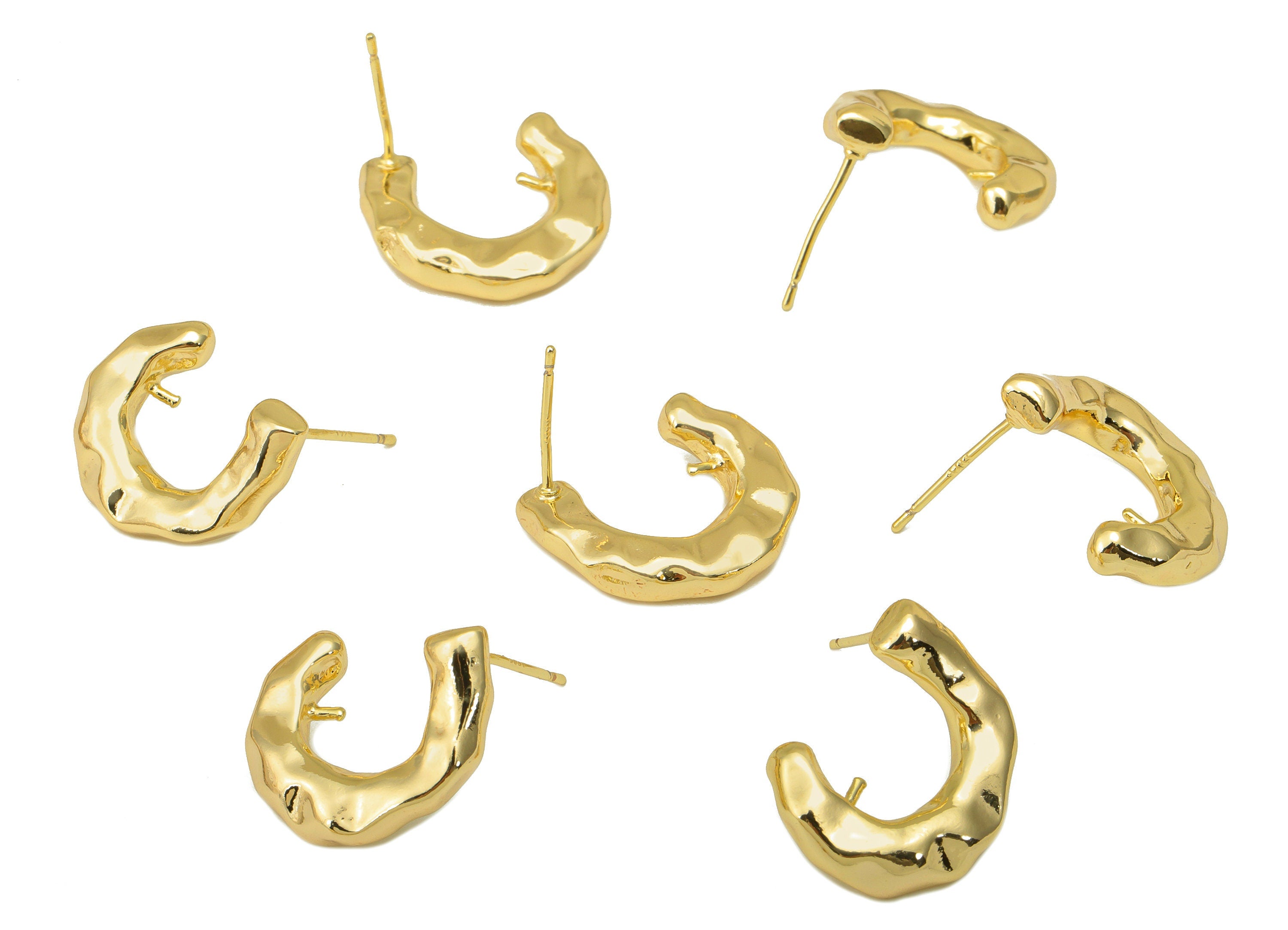 Brass Open Hoop Earring Stud - Textured Thick Earring Post - Hoop C Stud - Hammered Post - 18K Real Gold Plated - 18.29x17x 3.2mm- RGP6409 - DOMEDBAZAAR