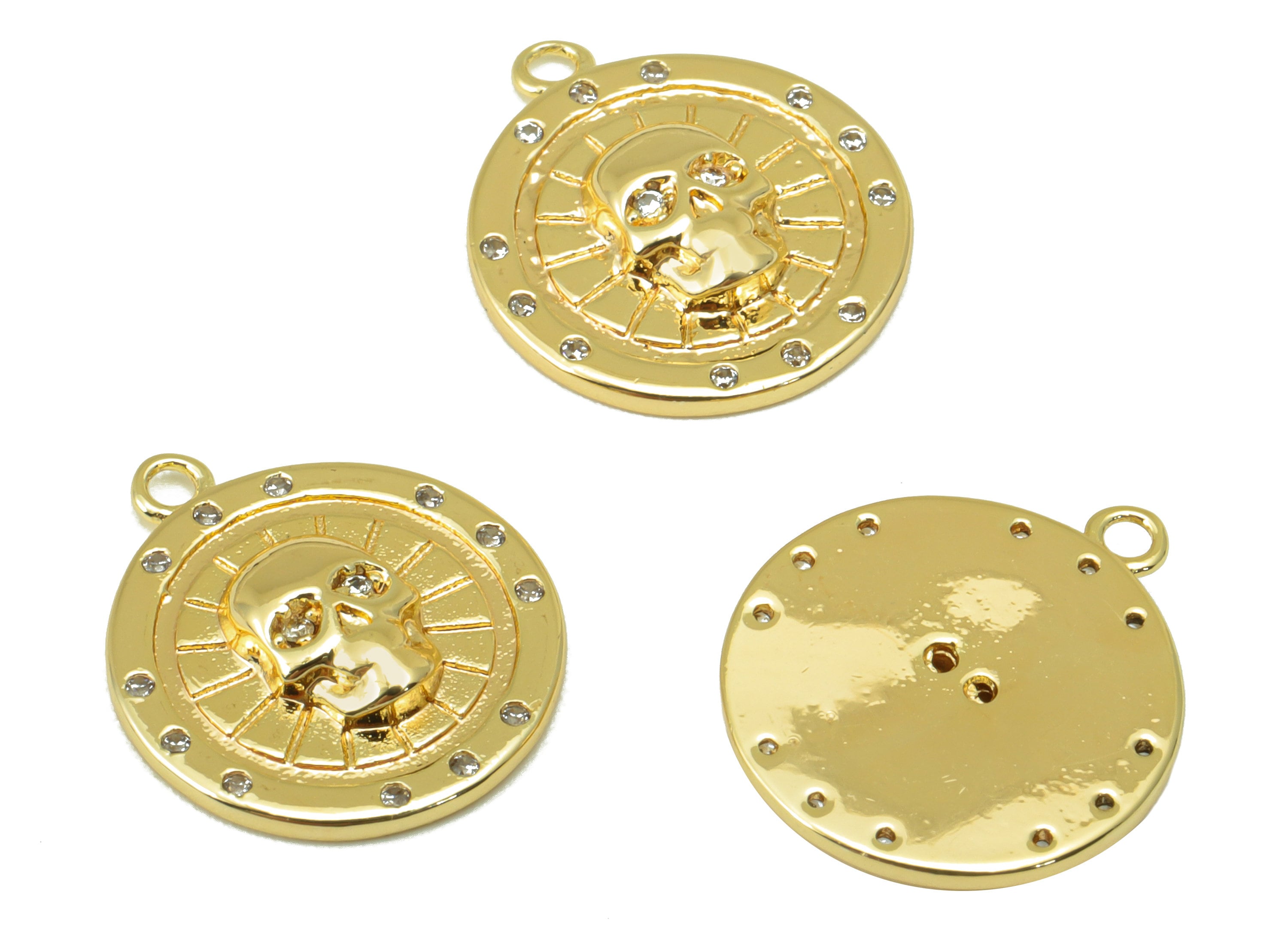 Brass Round Charm - Brass Skull Earring Charm -Cubic Zirconia Earring Charm - For Necklace- 18K Real Gold Plated -16x14x 2.93mm- RGP6283 - DOMEDBAZAAR