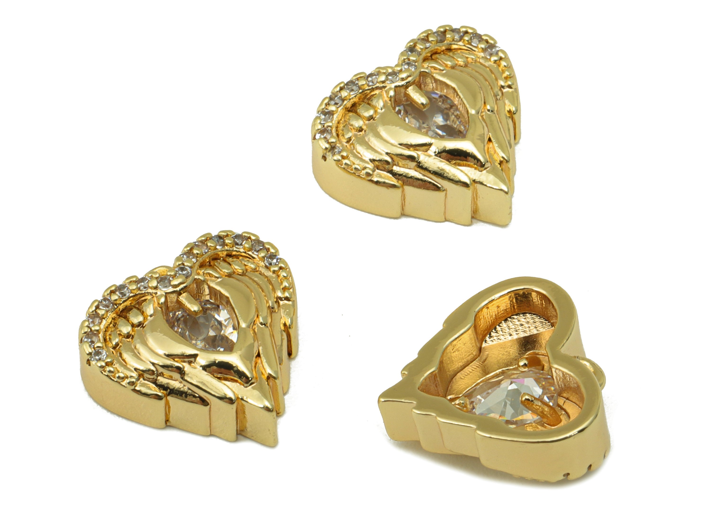 Brass Heart Charm - Brass Marquies Wing Charm -Cubic Zirconia Heart Earring Charm - For Necklace- 18K Real Gold Plated -12x13x1.6mm- RGP6284 - DOMEDBAZAAR