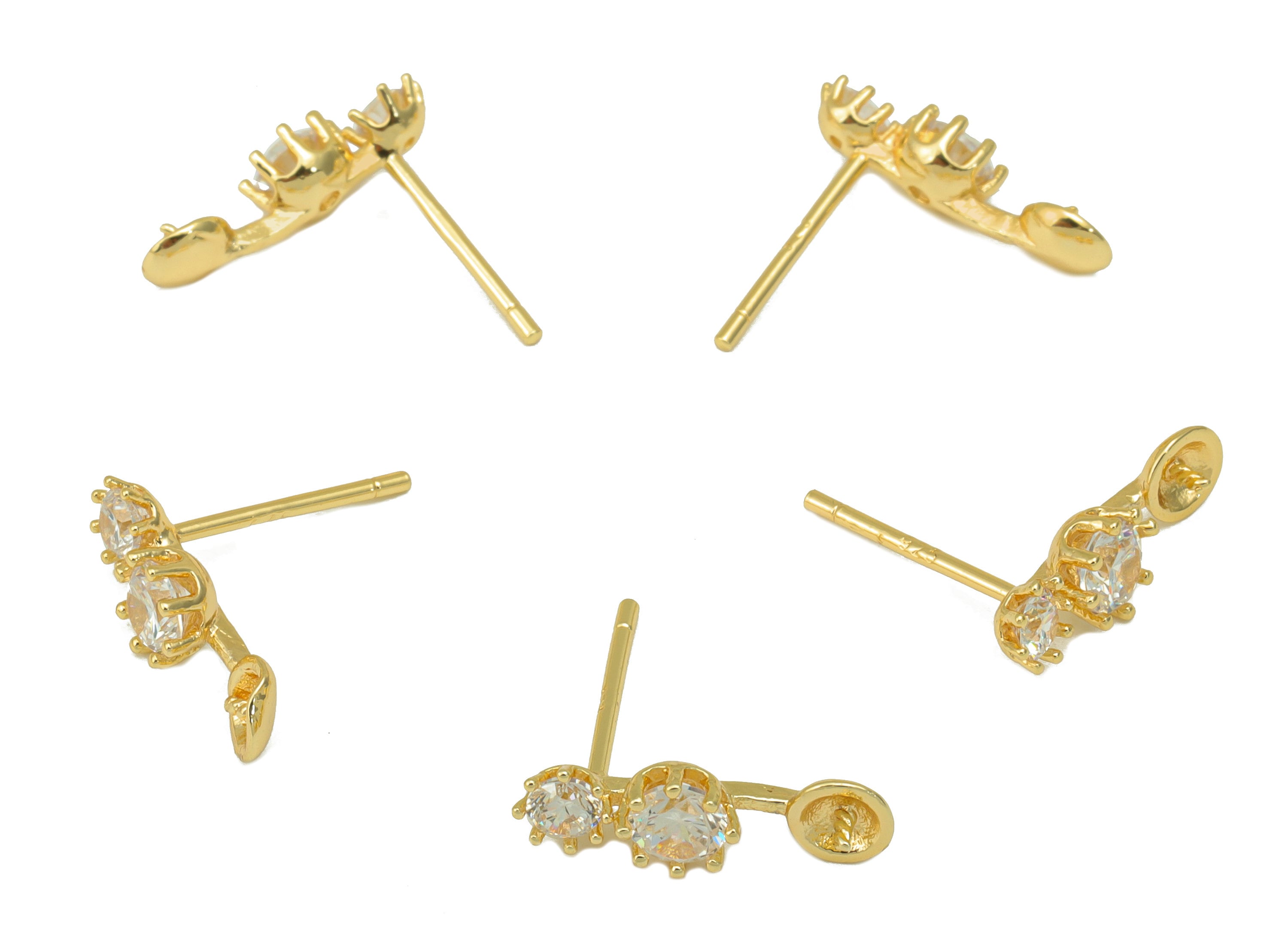 Brass Earring Stud - Round Earring Post - Cubic Zirconia Stud for Pearl - Stainless Steel - 18K Real Gold Plated-15x5x3mm- RGP6470 - DOMEDBAZAAR