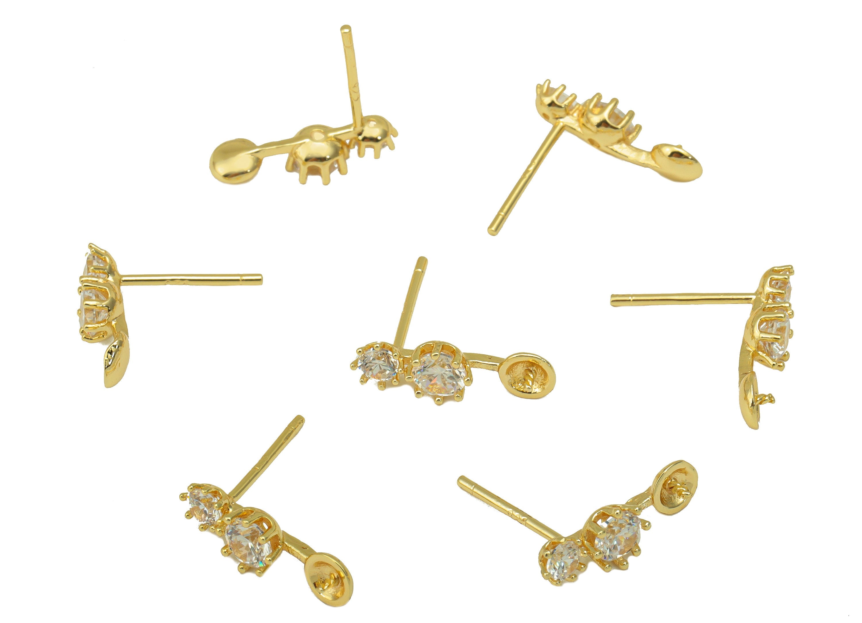 Brass Earring Stud - Round Earring Post - Cubic Zirconia Stud for Pearl - Stainless Steel - 18K Real Gold Plated-15x5x3mm- RGP6470 - DOMEDBAZAAR