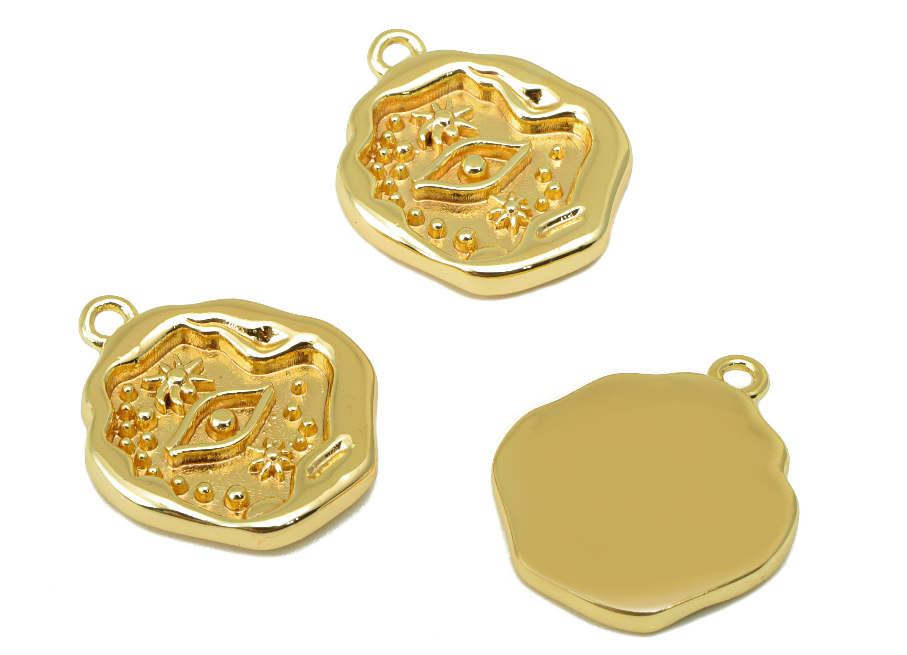 Brass Eye Charm - Brass Textured Earring Charm -Flower Dot Earring Charm - For Necklace- 18K Real Gold Plated -16.99x 14.1x 2.28mm -RGP6287 - DOMEDBAZAAR