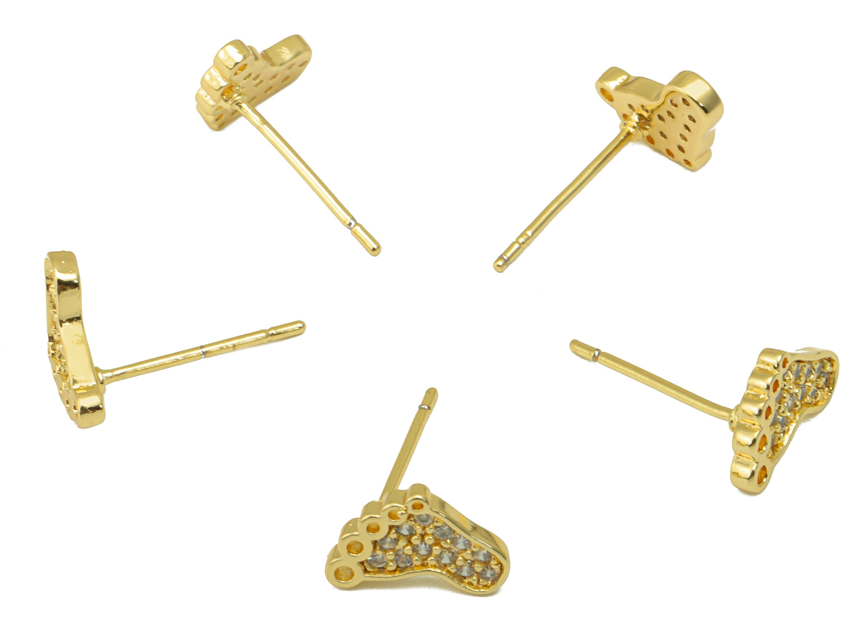 Brass Foot Earring Stud - Baby Foot Earring Post - Mini Baby Cubic Zirconia Stud- Stainless Steel - 18K Real Gold Plated-9x8x1.35mm- RGP6417 - DOMEDBAZAAR