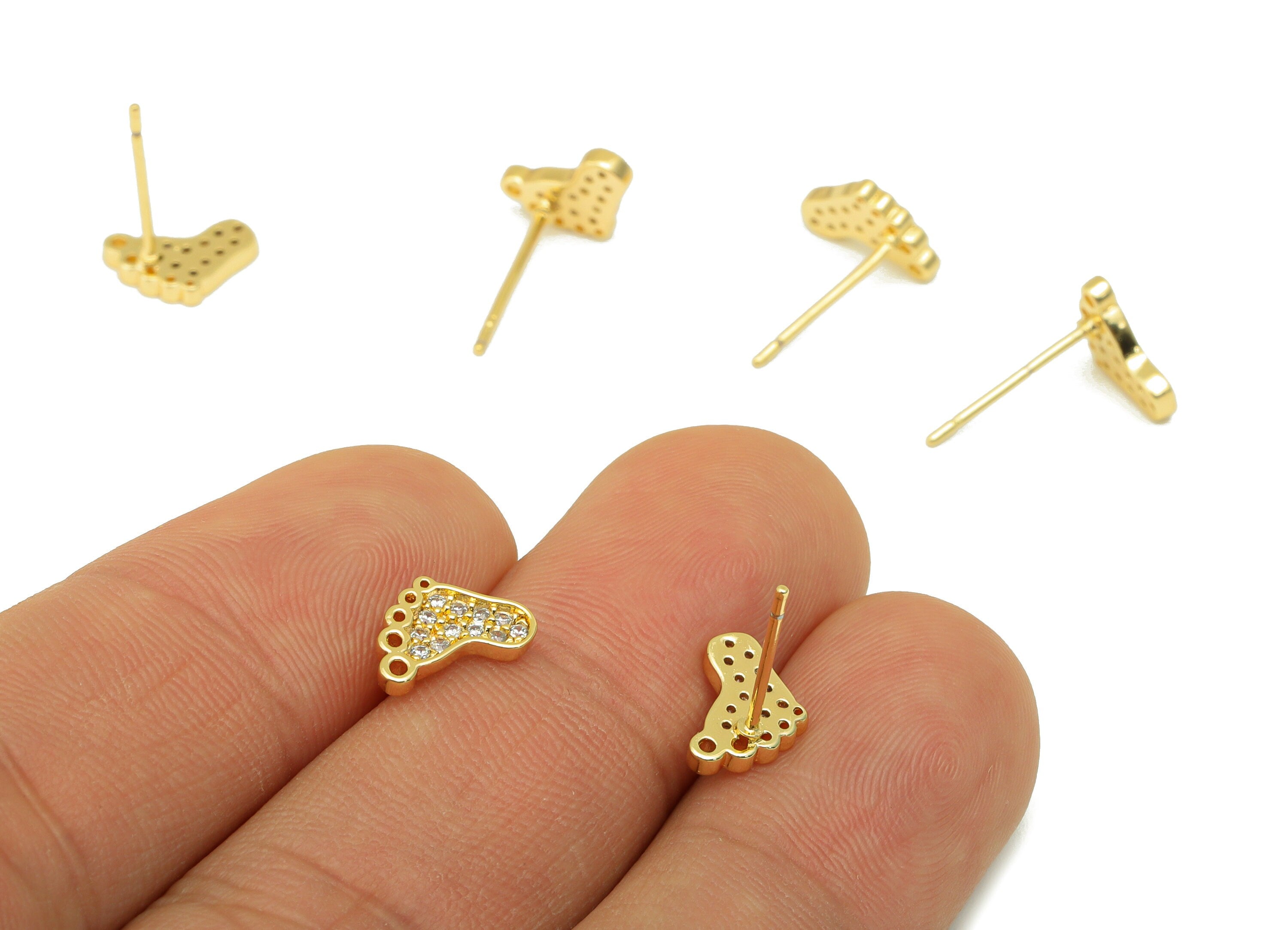Brass Foot Earring Stud - Baby Foot Earring Post - Mini Baby Cubic Zirconia Stud- Stainless Steel - 18K Real Gold Plated-9x8x1.35mm- RGP6417 - DOMEDBAZAAR