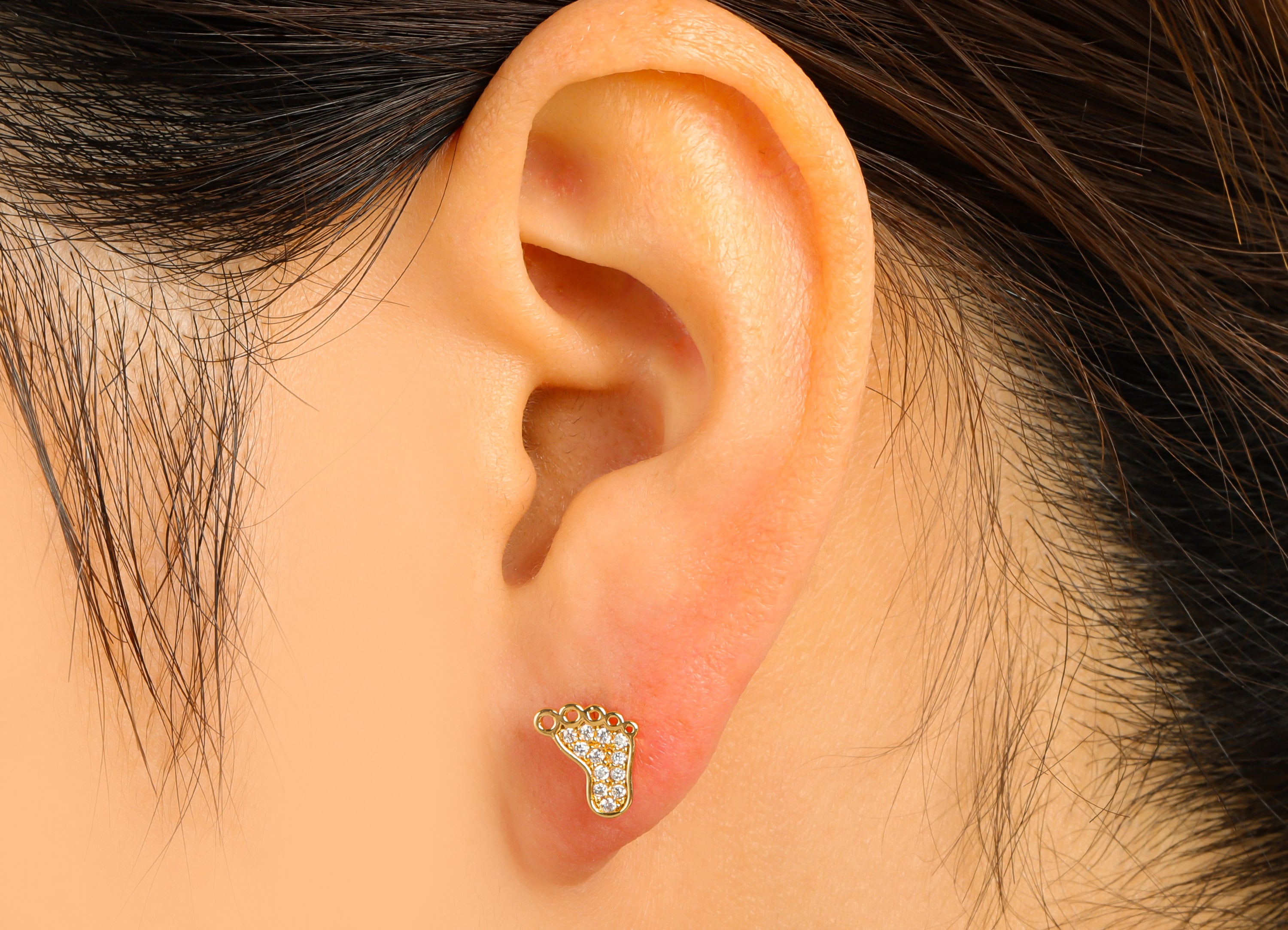 Brass Foot Earring Stud - Baby Foot Earring Post - Mini Baby Cubic Zirconia Stud- Stainless Steel - 18K Real Gold Plated-9x8x1.35mm- RGP6417 - DOMEDBAZAAR
