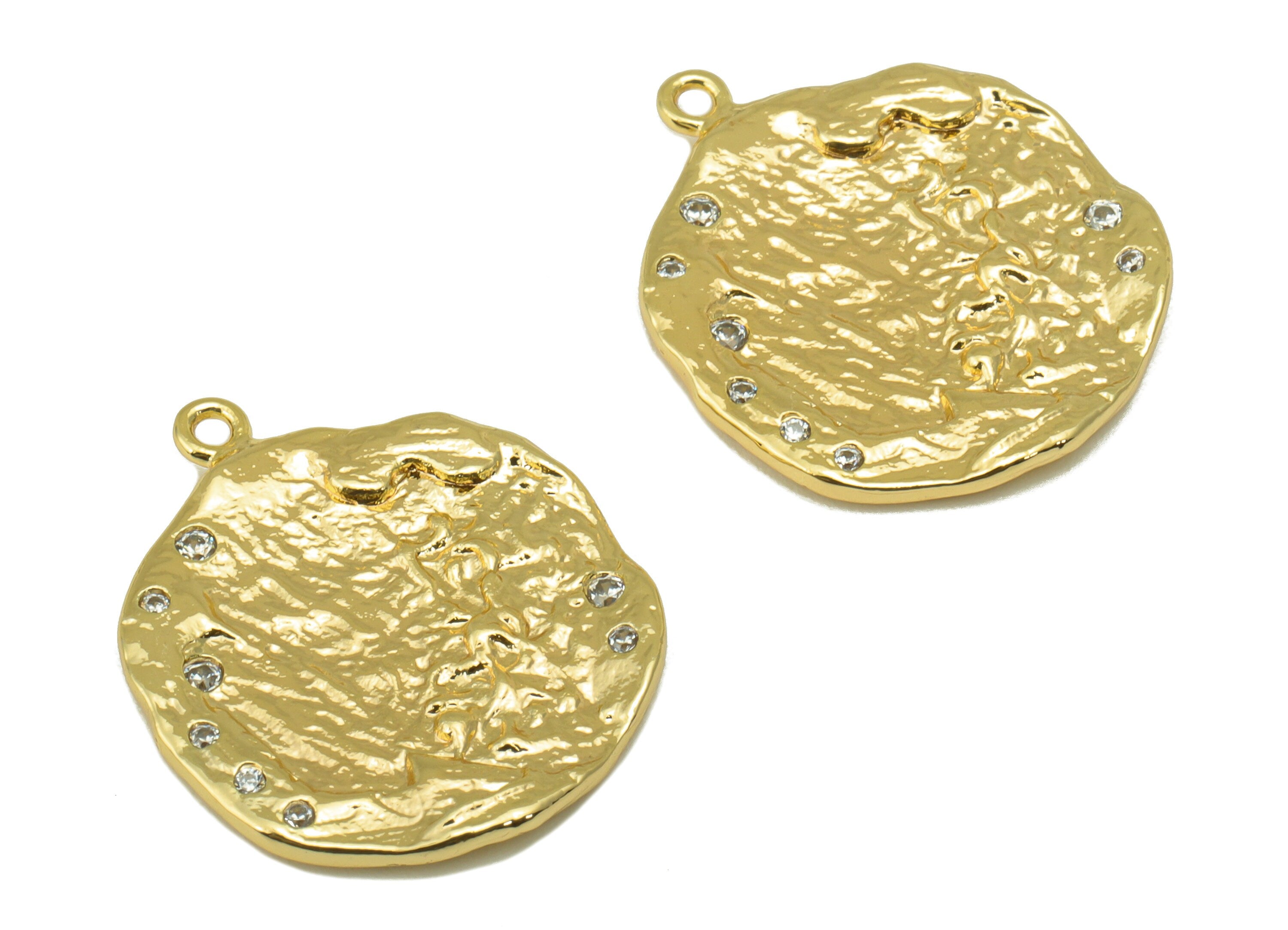 Brass Textured Earring Charm - Hammered CZ Charm - Cubic Zirconia Charm - For Necklace - 18K Real Gold Plated -22x 18.43 x 1.91mm -RGP6289 - DOMEDBAZAAR