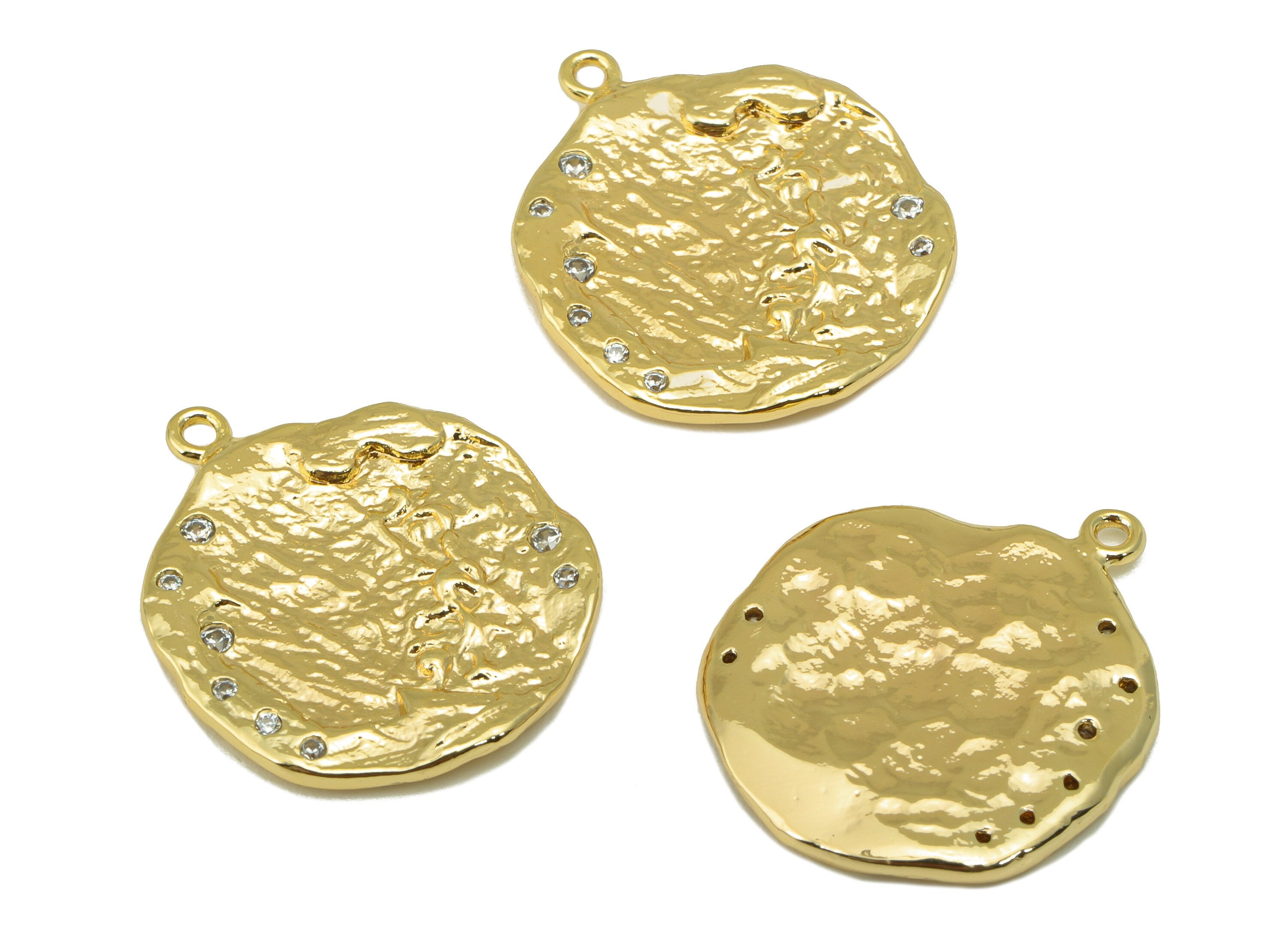 Brass Textured Earring Charm - Hammered CZ Charm - Cubic Zirconia Charm - For Necklace - 18K Real Gold Plated -22x 18.43 x 1.91mm -RGP6289 - DOMEDBAZAAR