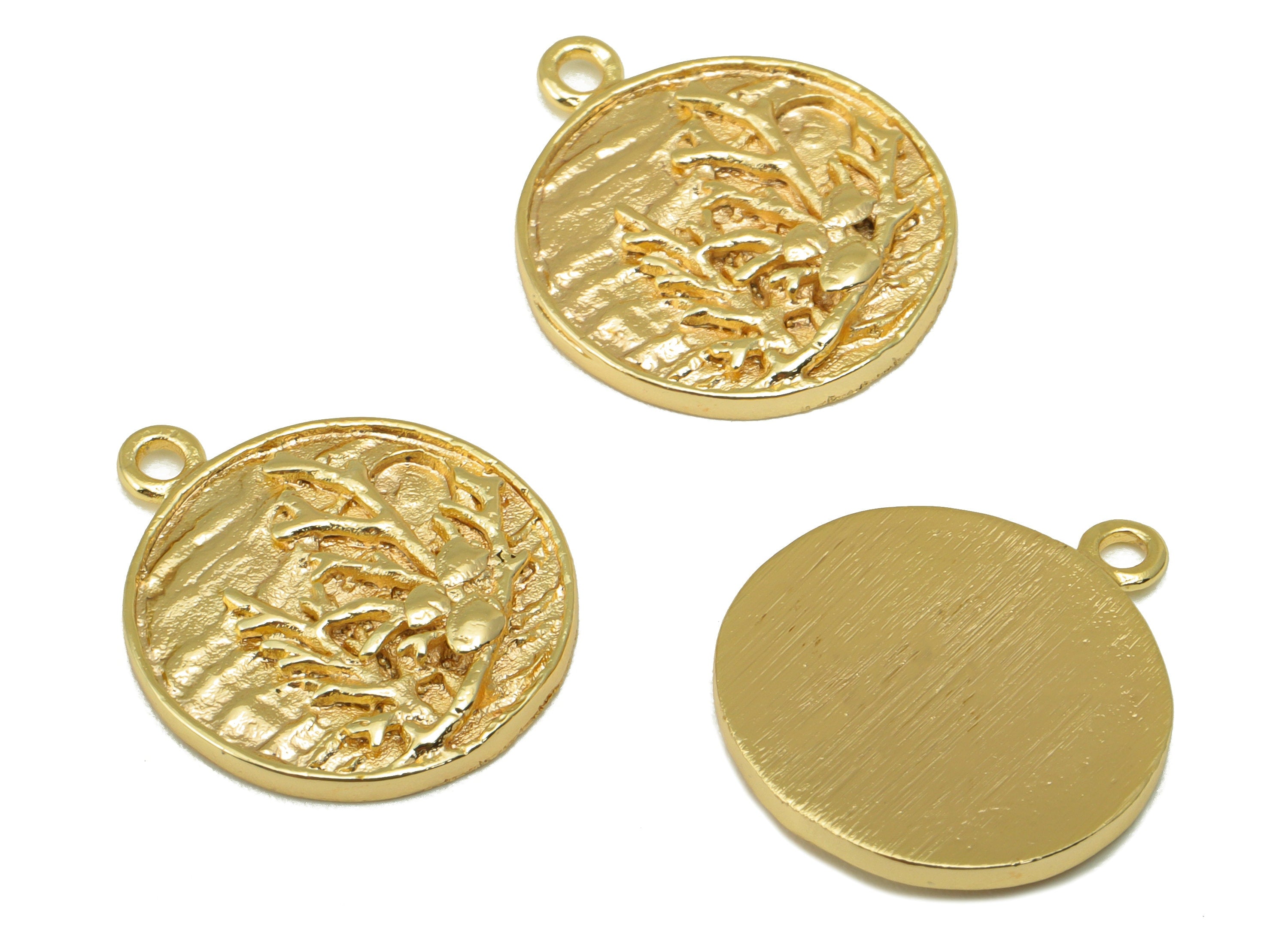 Brass Textured Earring Charm - Round Branch Charm - Water Plant Charm - For Necklace - 18K Real Gold Plated -20.86x 17.55 x 2.11mm-RGP6290 - DOMEDBAZAAR