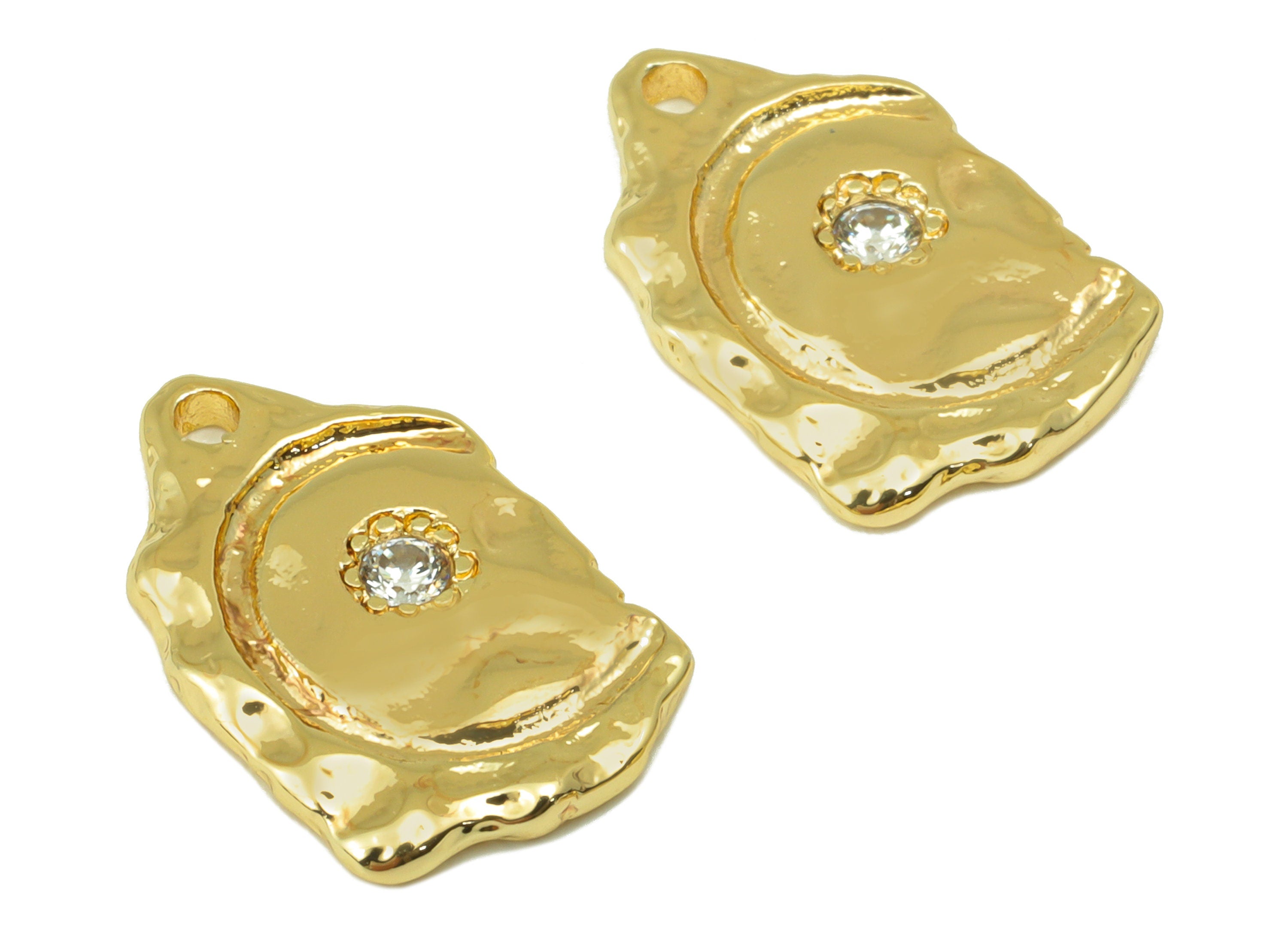 Brass Textured Earring Charm - Hammered Earring Charm - Cubic Zirconia Charm - For Necklace - 18K Real Gold Plated- 17x10.36x1.55mm-RGP6292 - DOMEDBAZAAR