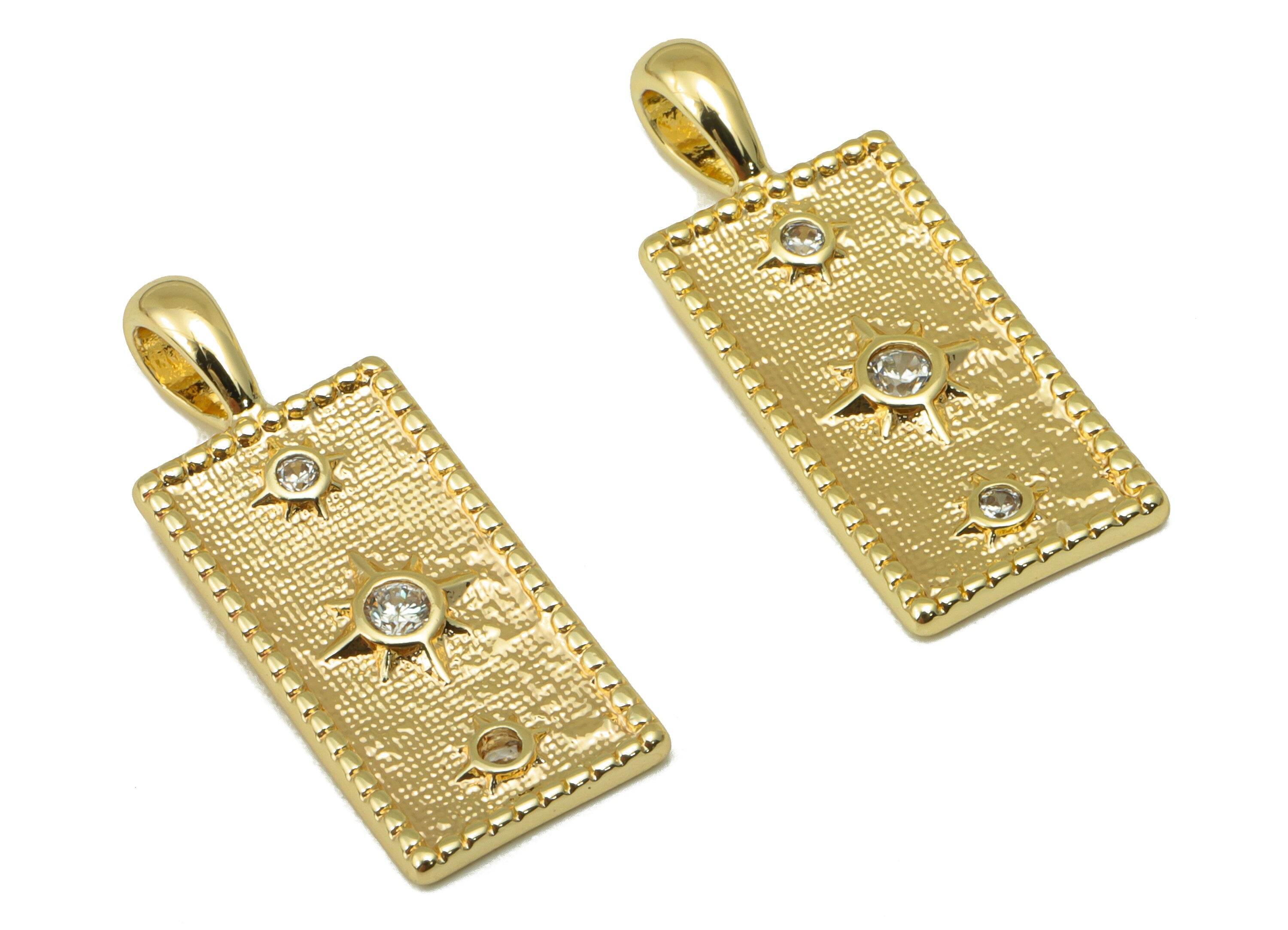 Brass Rectangle Earring Charm - Textured North Star Charm - Cubic Zirconia Charm - For Necklace - 18K Real Gold Plated- 24x9x1mm-RGP6293 - DOMEDBAZAAR
