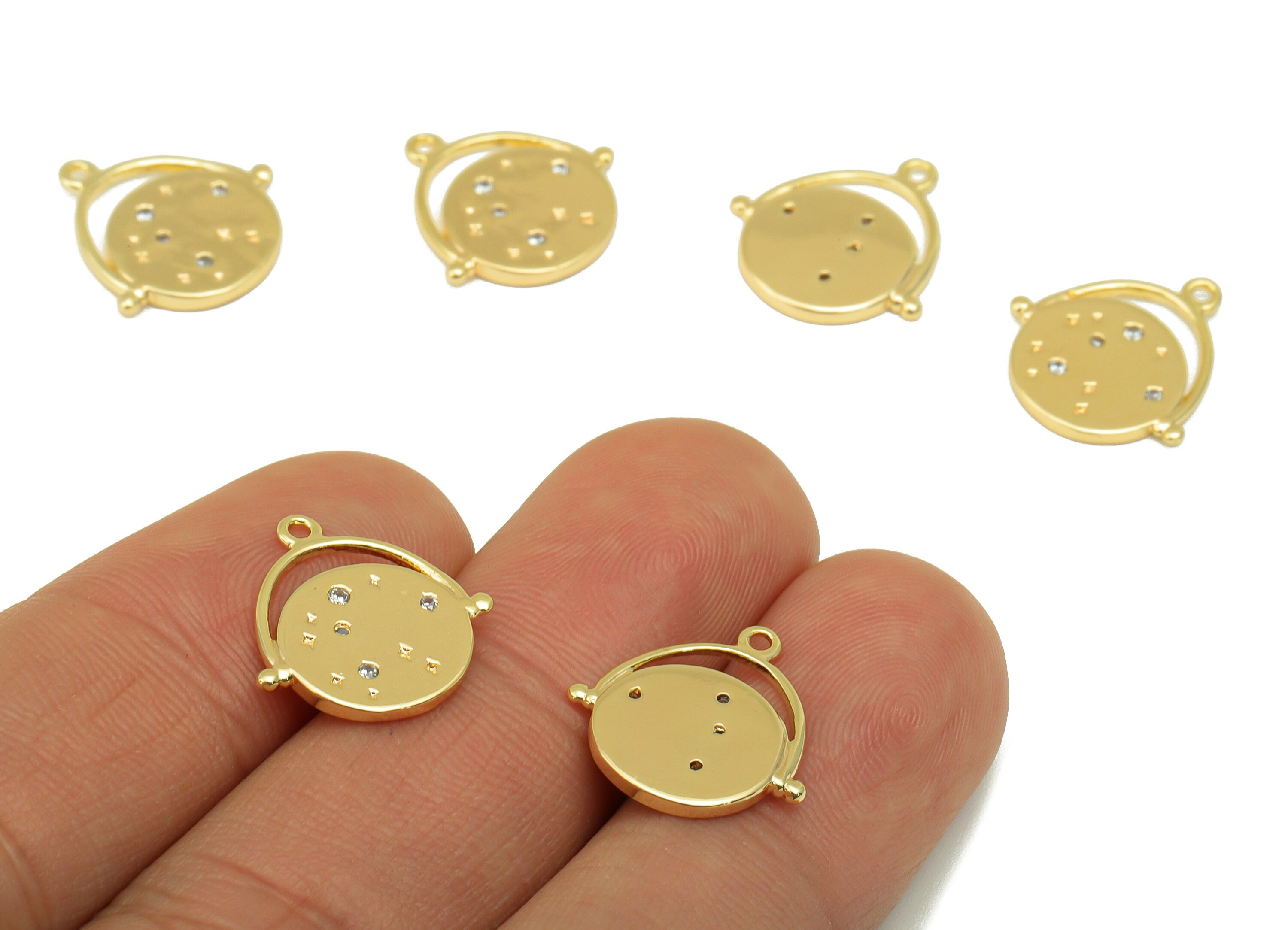 Brass Earring Charm - Cubic Zircon Earth Pendant - CZ Round Planet Earring - Earth Star for Necklace-18K Real Gold Plated- 16x15x2mm-RGP6293 - DOMEDBAZAAR