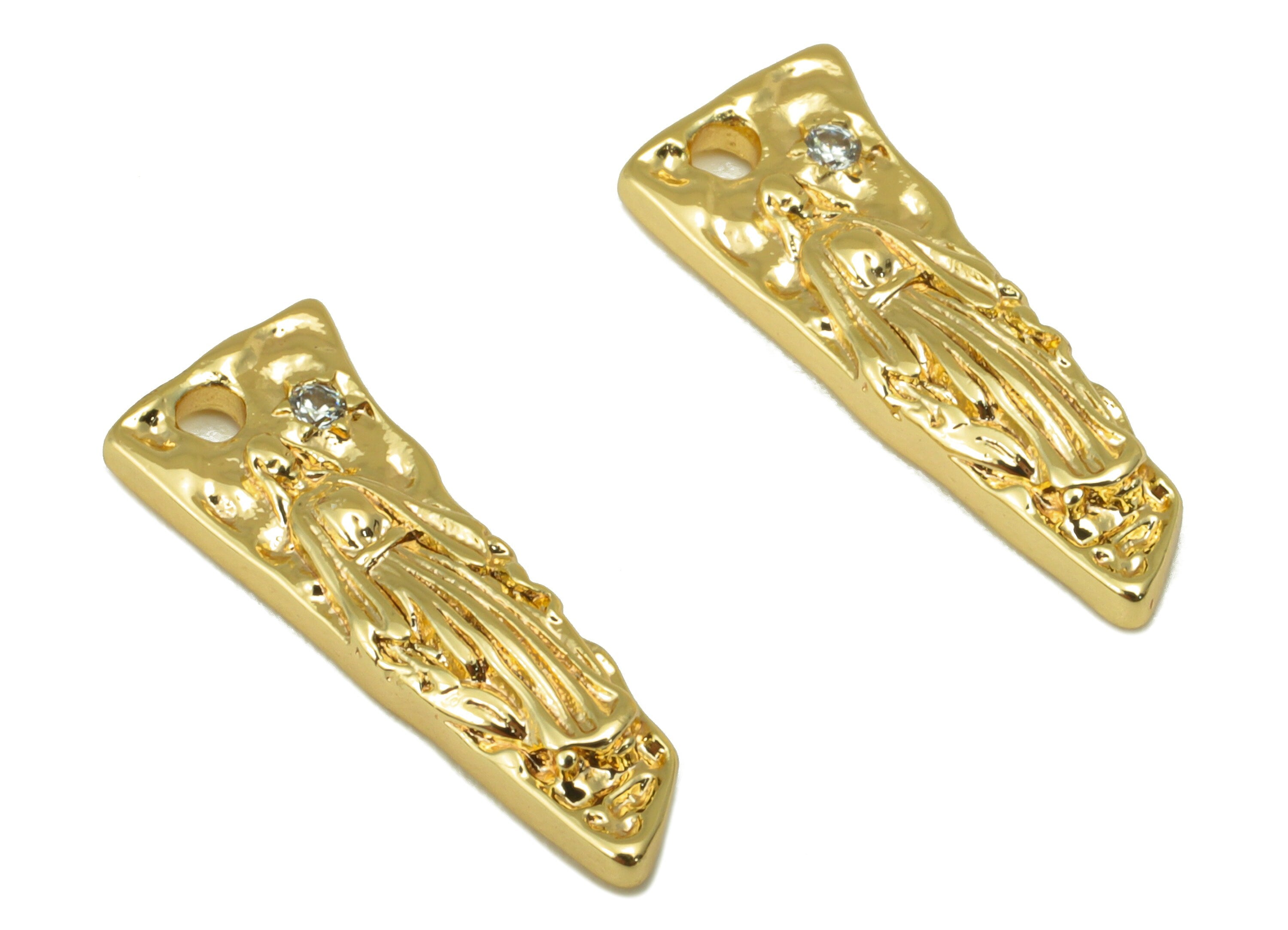 Brass Hammered Earring Charm -  Textured Angle Pendant - CZ Earring - Cubic Zirconia for Necklace-18K Real Gold Plated- 17x7x2mm-RGP6295 - DOMEDBAZAAR