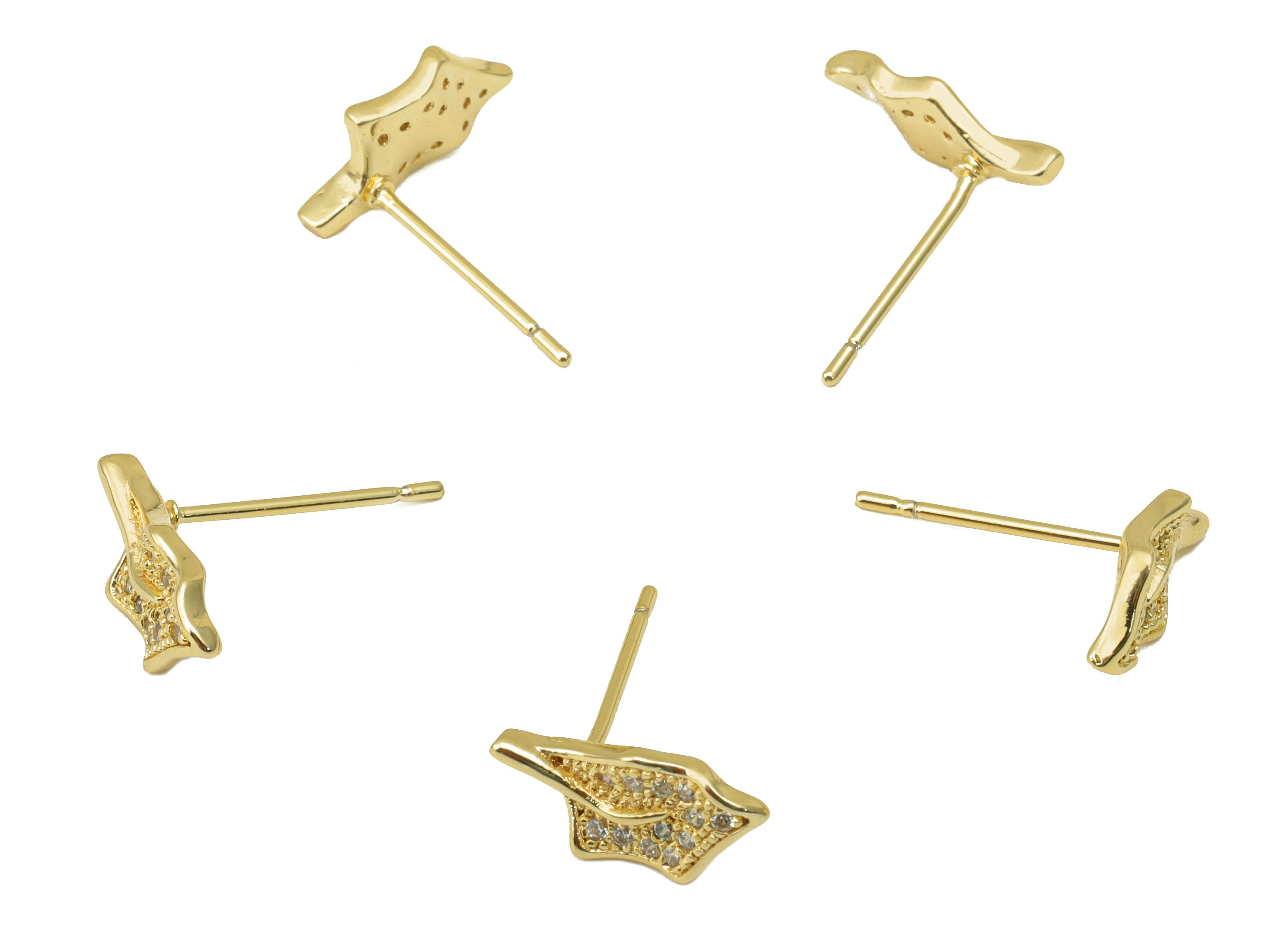 Brass Leaf Earring Stud - Holly Holm oak Earring Post - Cubic Zirconia Stud- Stainless Steel - 18K Real Gold Plated - 12x6 x 1.72mm- RGP6466 - DOMEDBAZAAR