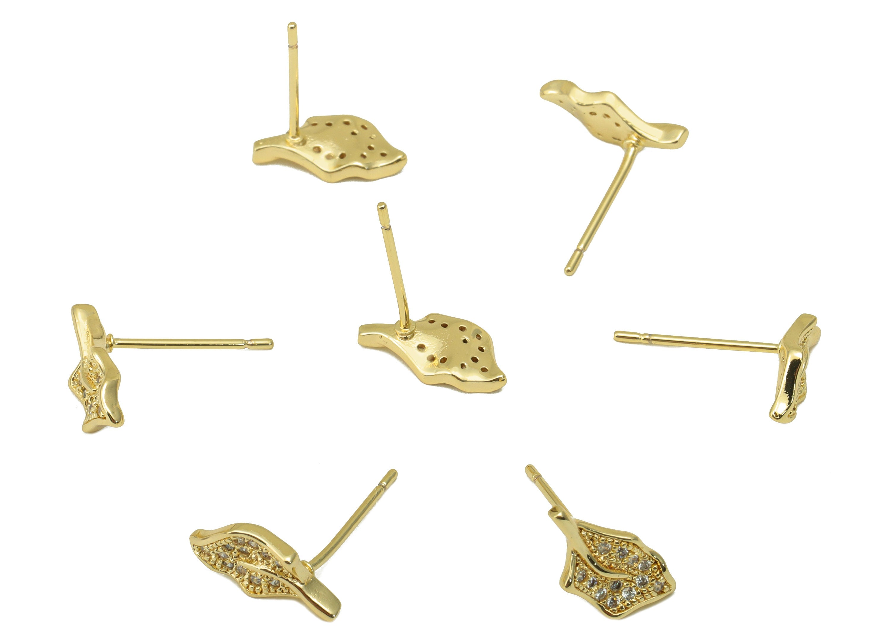 Brass Leaf Earring Stud - Holly Holm oak Earring Post - Cubic Zirconia Stud- Stainless Steel - 18K Real Gold Plated - 12x6 x 1.72mm- RGP6466 - DOMEDBAZAAR