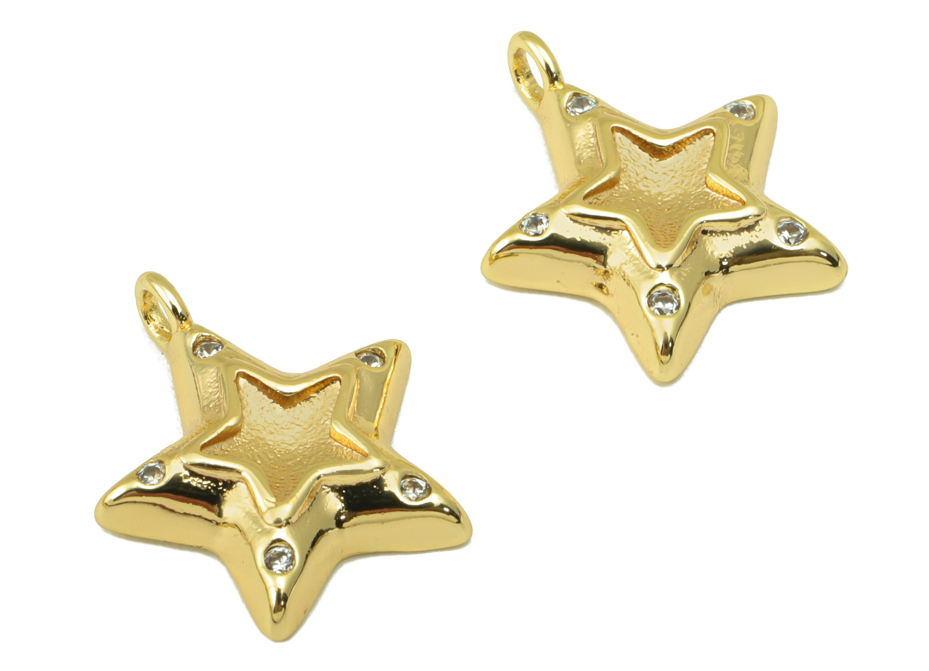 Brass Star Earring - Brass Star Cubic Zircon Earrings Charm - Star for Necklace Pendant - 18K Real Gold Plated- 16.26x14x1.35mm-RGP6297 - DOMEDBAZAAR