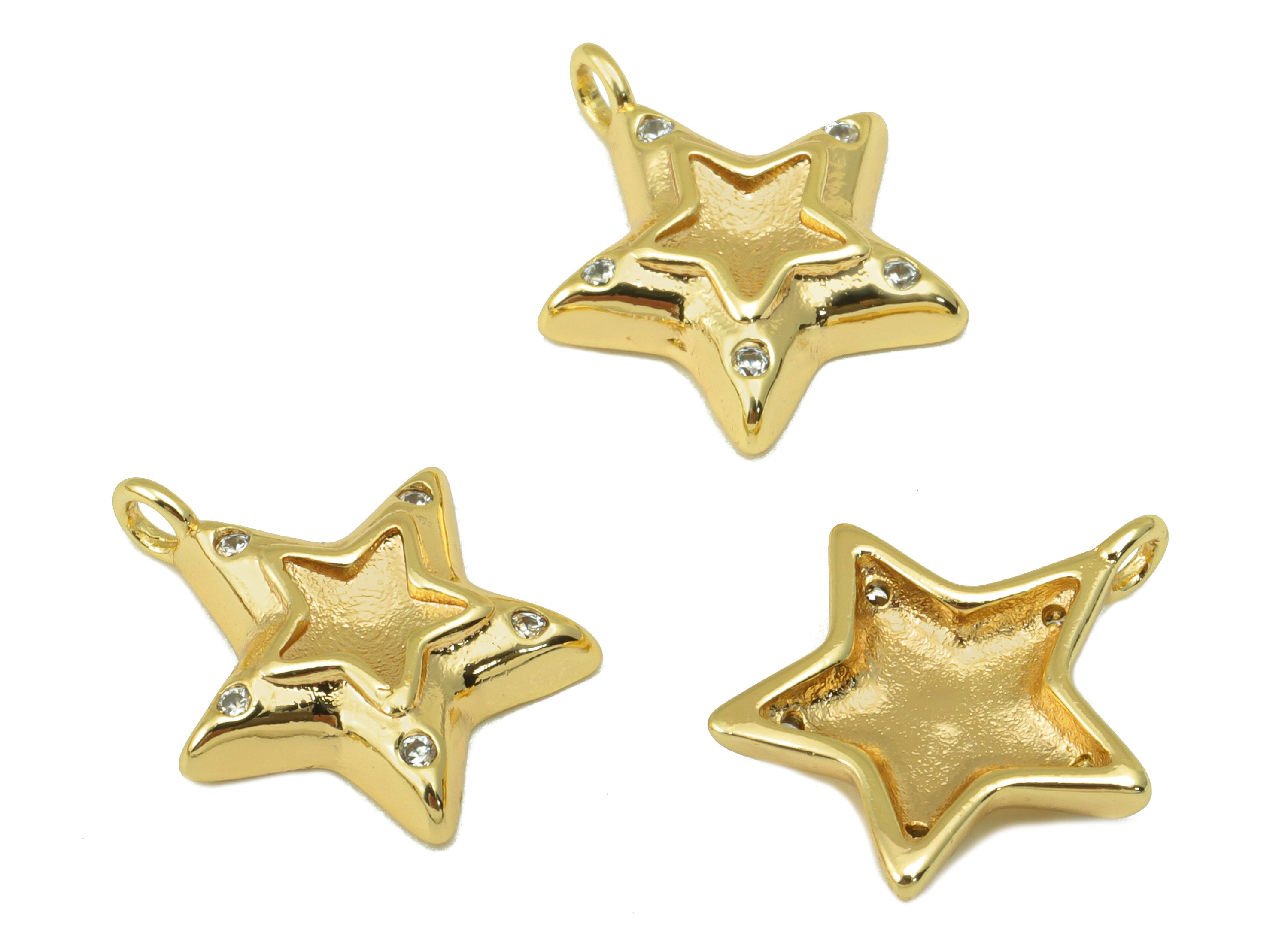 Brass Star Earring - Brass Star Cubic Zircon Earrings Charm - Star for Necklace Pendant - 18K Real Gold Plated- 16.26x14x1.35mm-RGP6297 - DOMEDBAZAAR