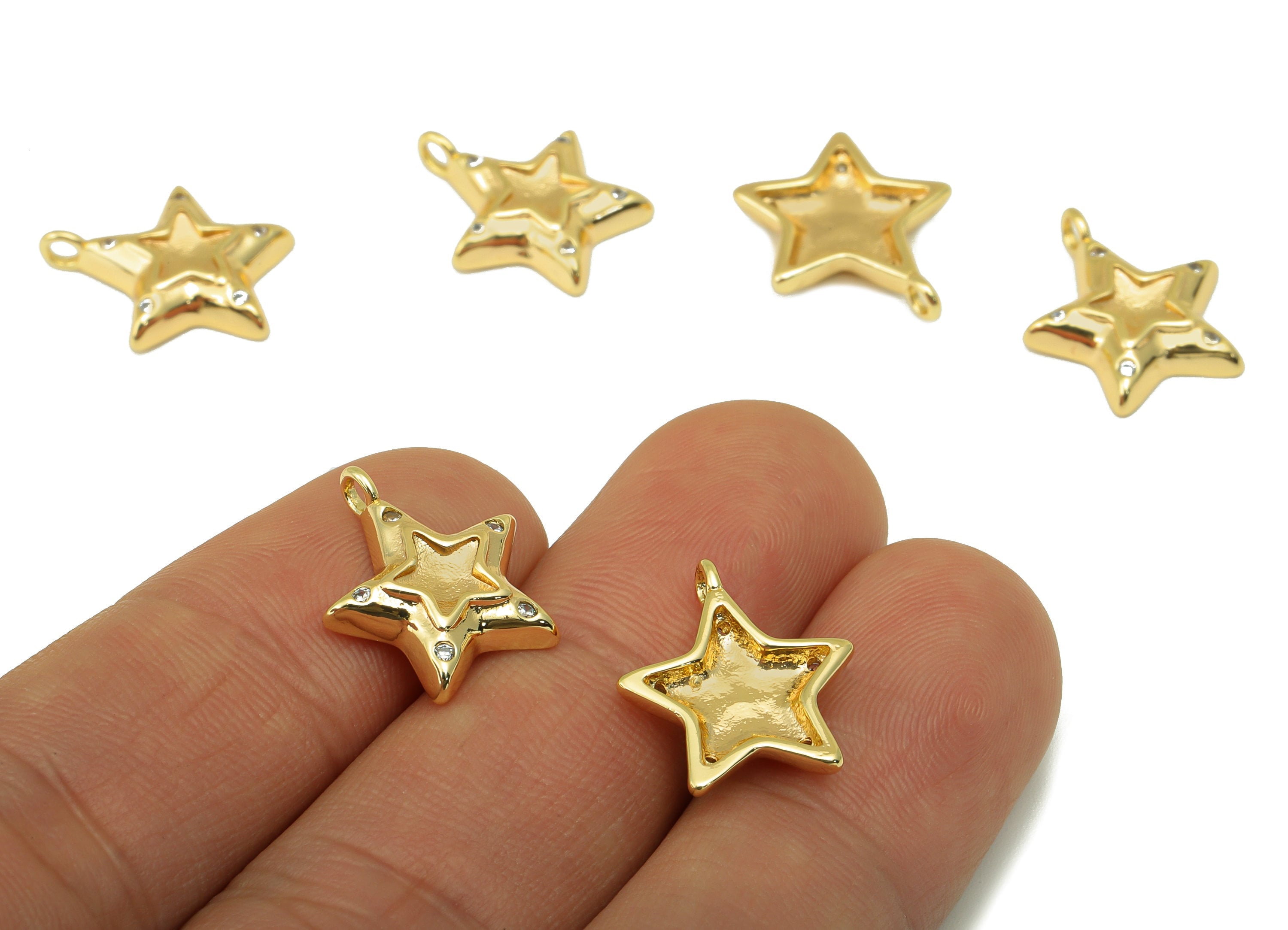 Brass Star Earring - Brass Star Cubic Zircon Earrings Charm - Star for Necklace Pendant - 18K Real Gold Plated- 16.26x14x1.35mm-RGP6297 - DOMEDBAZAAR