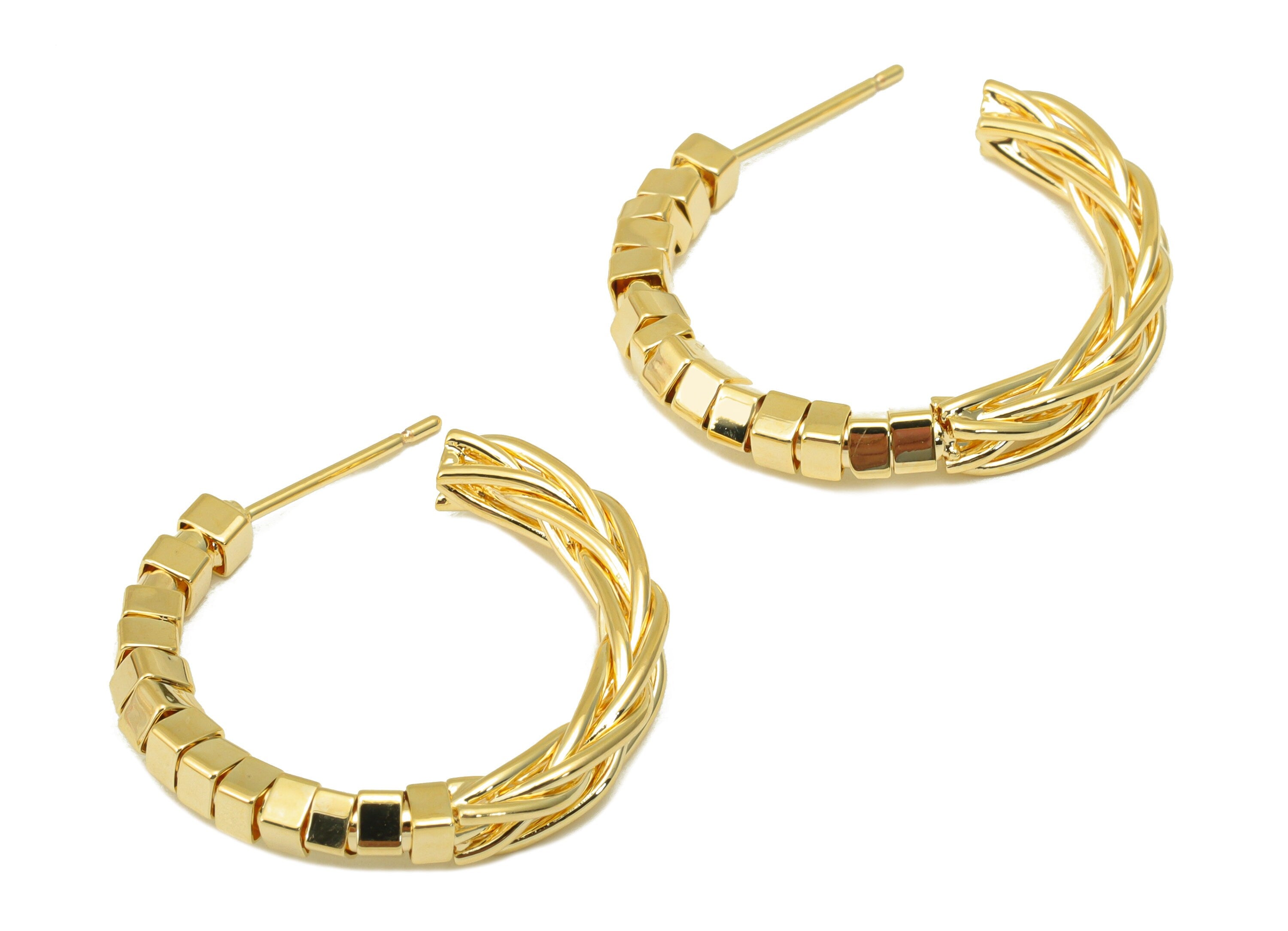Brass Open Hoop C Earring Stud - Cube Weave Wire Earring Post - Beaded Hoop Earring Stud - 18K Real Gold Plated -28.3x27x 3.6mm- RGP6441 - DOMEDBAZAAR