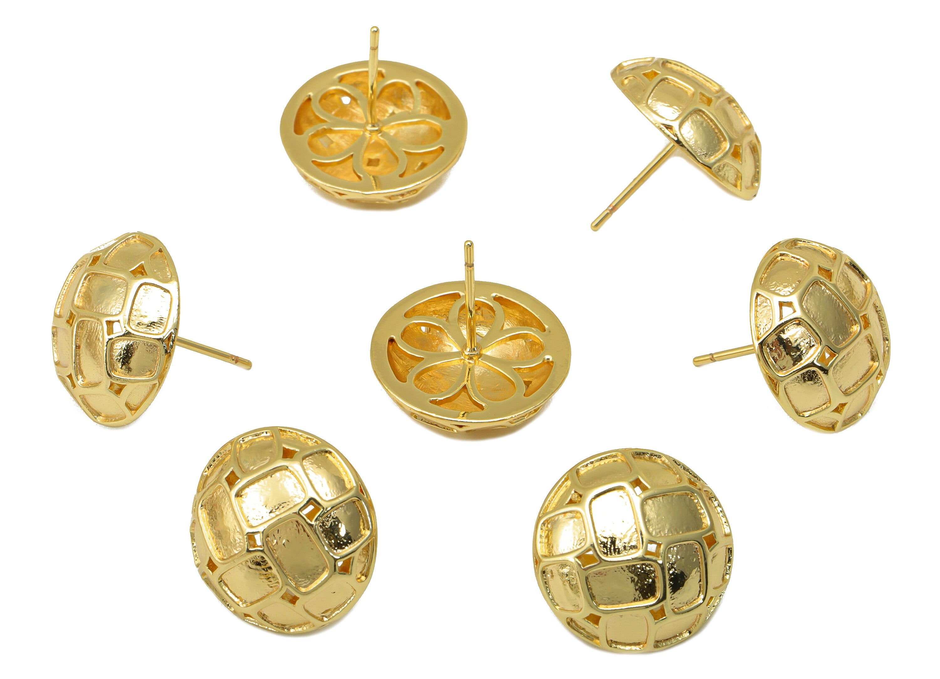 Brass Button Earring Stud - Hollow Flower Earring Post -Cubic Half Stud- Textured Earring Post - 18K Real Gold Plated -16x16x5mm- RGP6439 - DOMEDBAZAAR