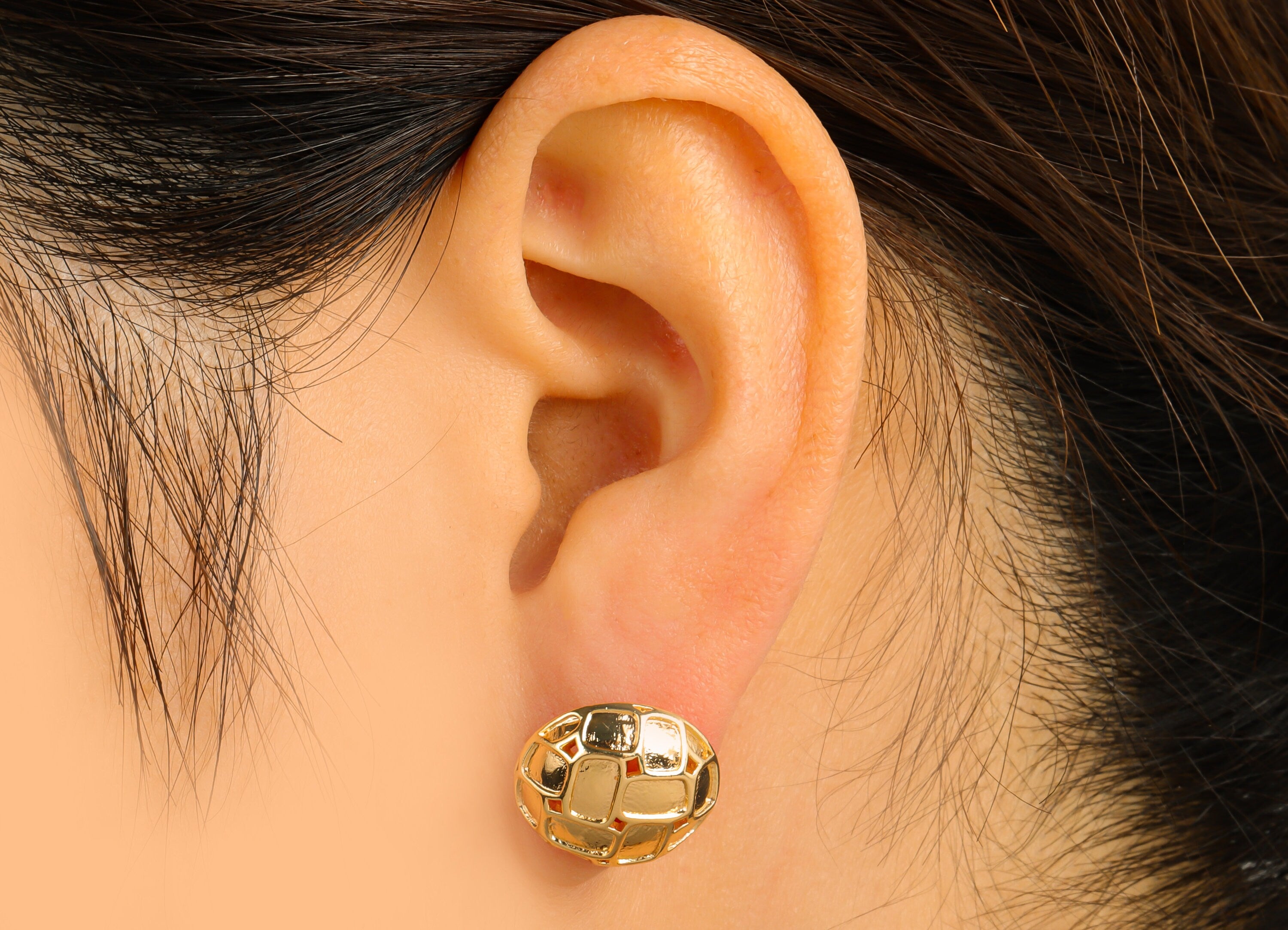 Brass Button Earring Stud - Hollow Flower Earring Post -Cubic Half Stud- Textured Earring Post - 18K Real Gold Plated -16x16x5mm- RGP6439 - DOMEDBAZAAR