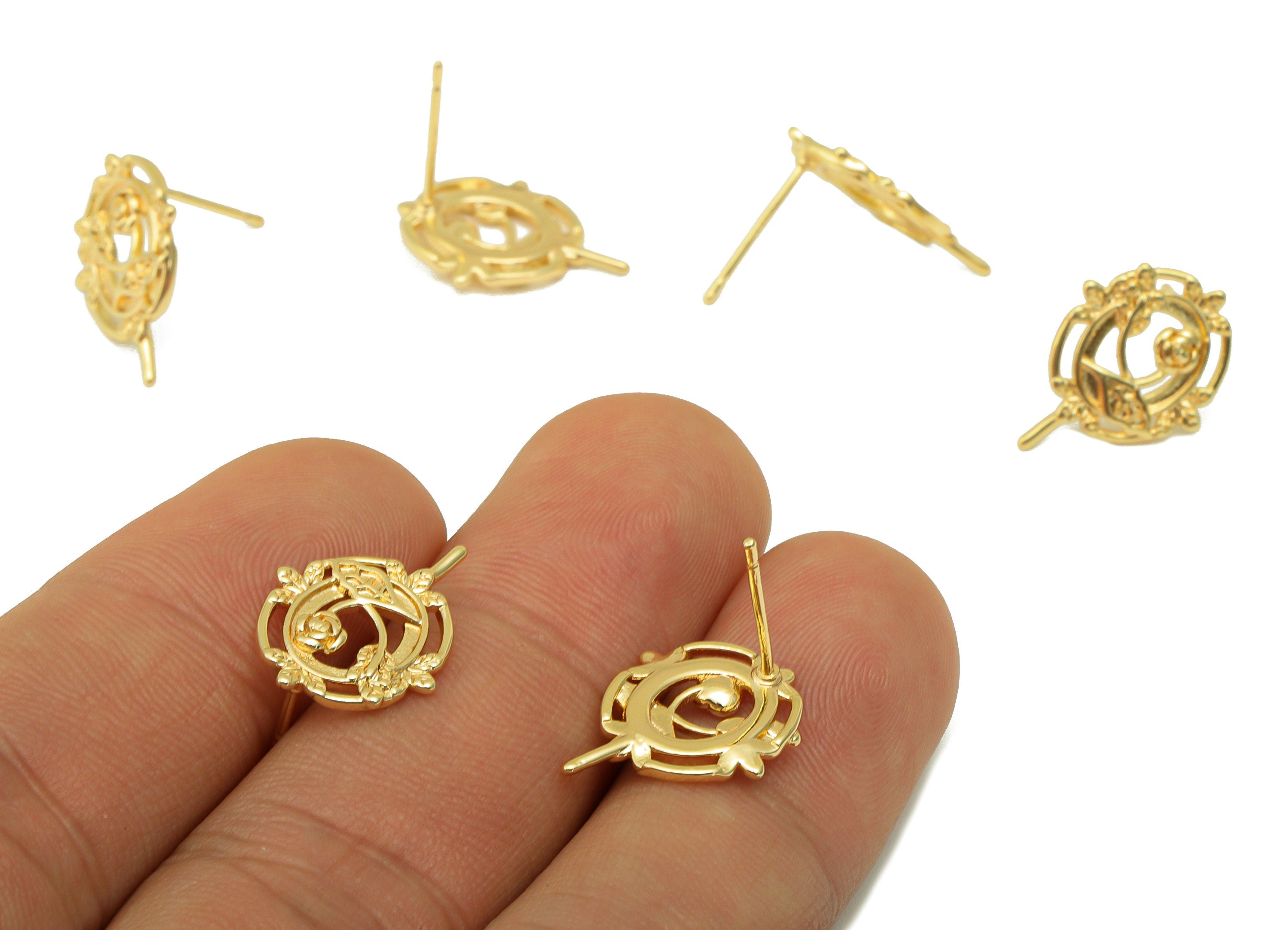 Brass Rose Fan Earring Stud - Flower Earring Post - Vintage Frame Looking Stud - Stainless Steel - 18K Real Gold Plated -18x13x2mm- RGP6473 - DOMEDBAZAAR
