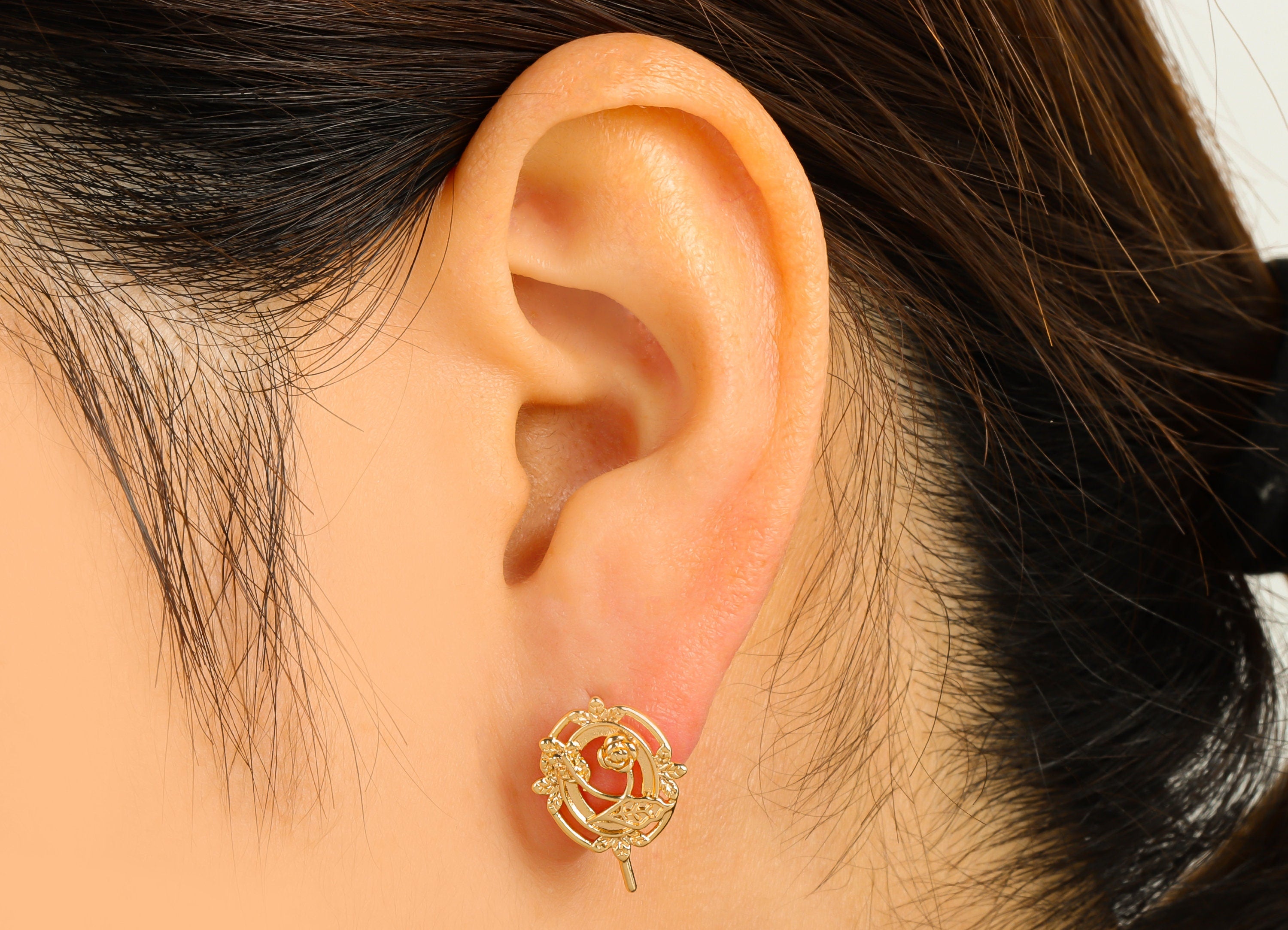 Brass Rose Fan Earring Stud - Flower Earring Post - Vintage Frame Looking Stud - Stainless Steel - 18K Real Gold Plated -18x13x2mm- RGP6473 - DOMEDBAZAAR