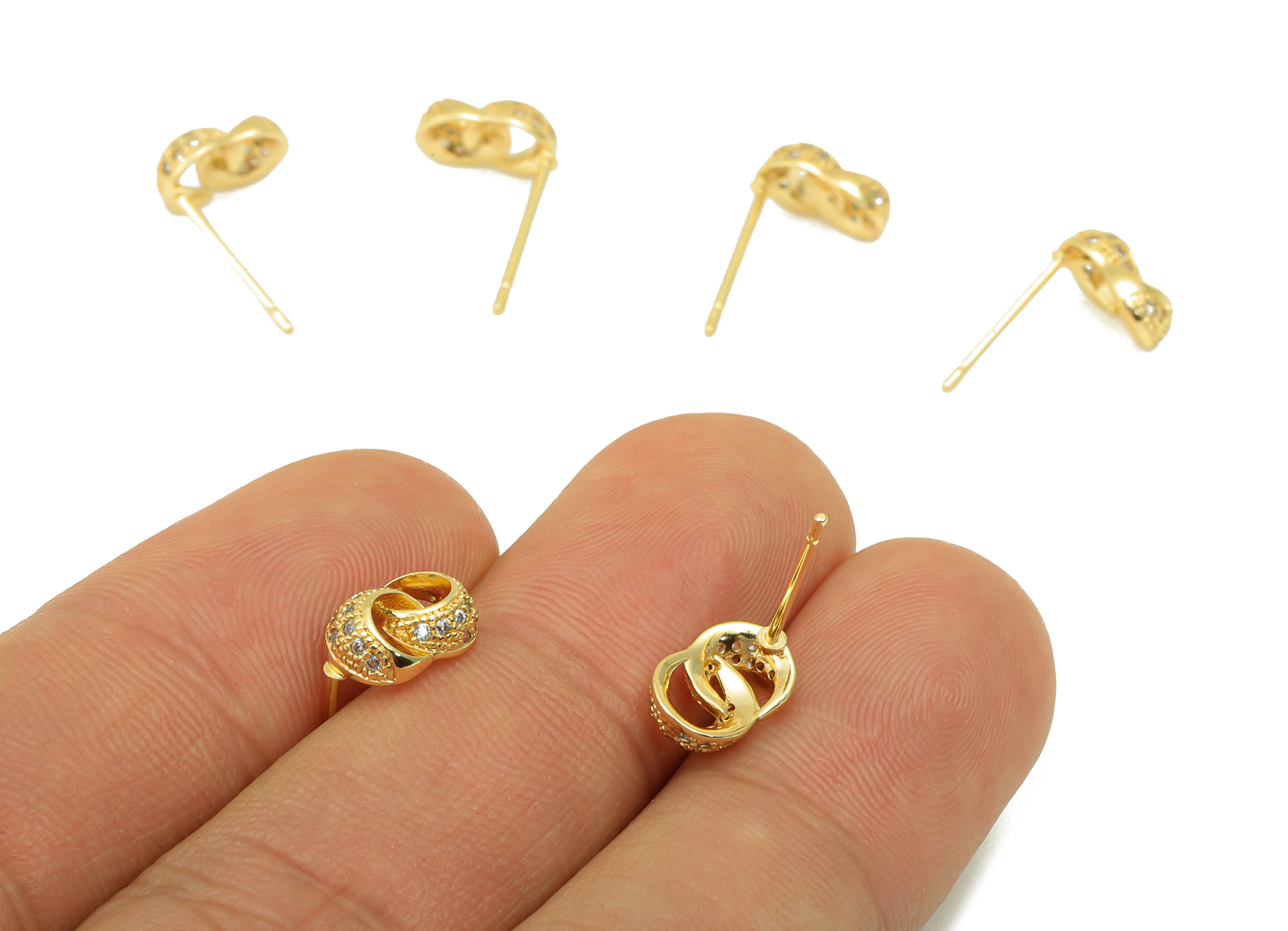 Brass Round Earring Stud - Circle Link Earring Post -Double Cubic Zirconia Stud - Infinity Post - 18K Real Gold Plated -10x6x2mm- RGP6420 - DOMEDBAZAAR