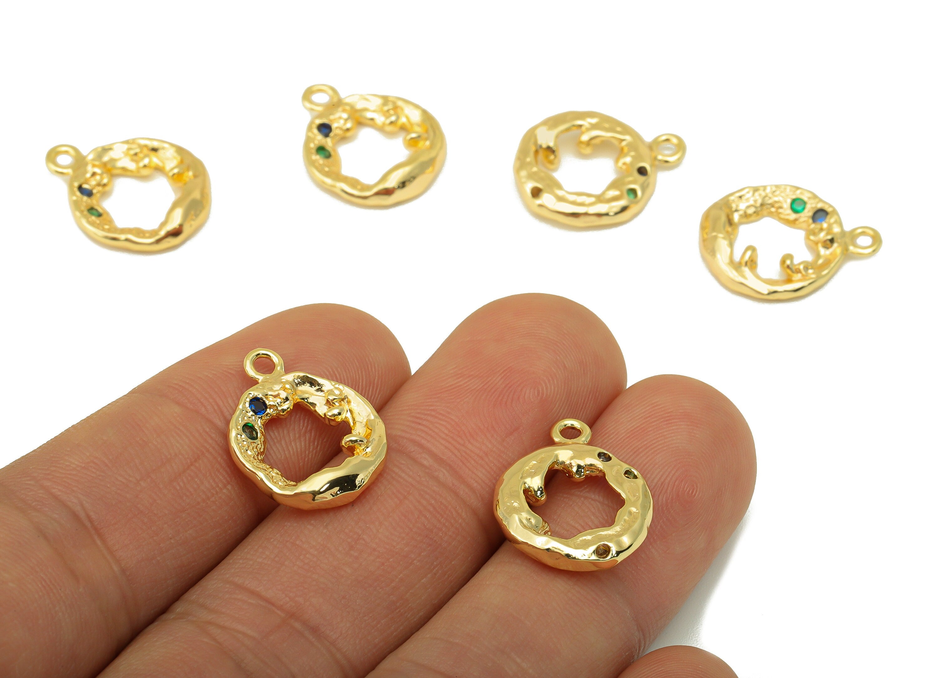 Brass Round Earring Bead - Brass Textured CZ Charms - Cubic Zirconia Pendant - for Necklace - 18K Real Gold Plated - 18x 14x 2.73mm-RGP6299 - DOMEDBAZAAR
