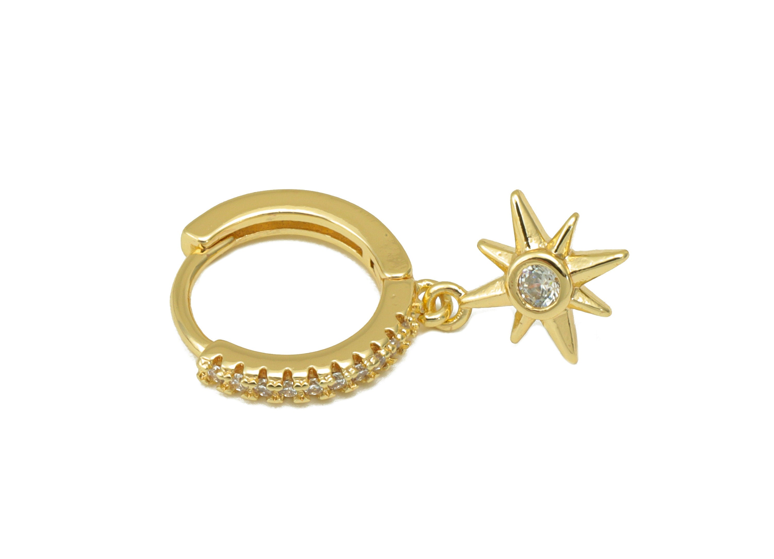 Brass North Star Earring Clasp - Brass Hoop Clasp -Star Huggie Hoop Clasp -Cubic Zirconia Clasp - 18K Real Gold Plated -23x13x1.8mm- RGP6472 - DOMEDBAZAAR