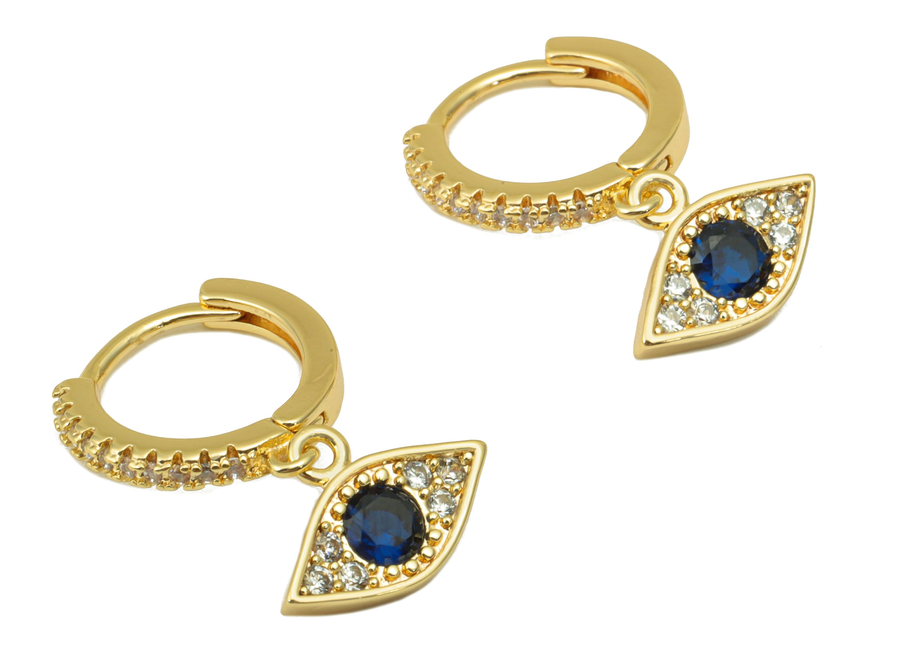 Brass Eye Earring Clasp - Brass Hoop Clasp - Blue Eye Huggie Hoop Clasp - Cubic Zirconia Clasp - 18K Real Gold Plated -21x13x1.9mm- RGP6459 - DOMEDBAZAAR